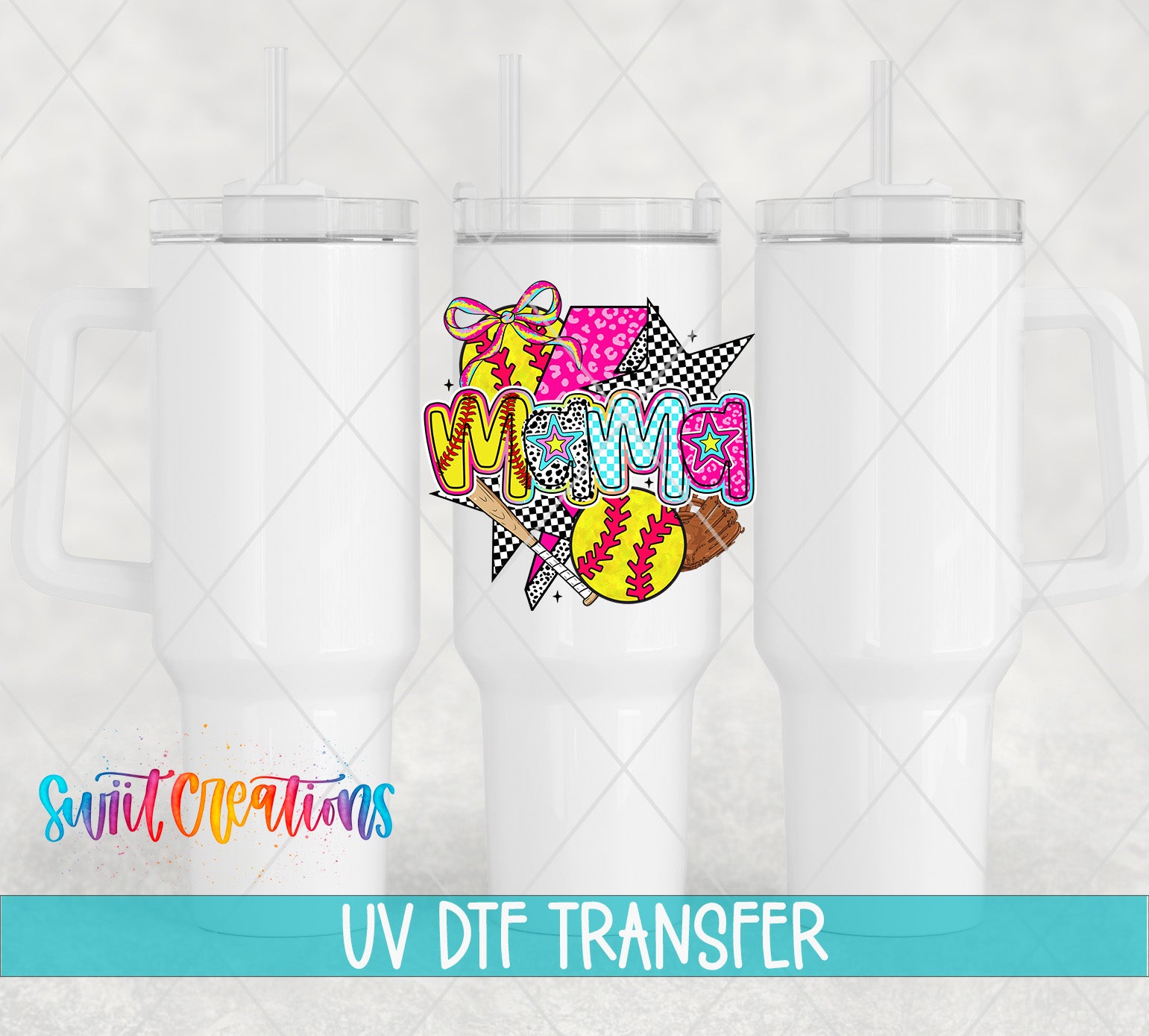 three white tumblers with colorful designs and straws, and the text "UV Dtf Transfer" is displayed below them.