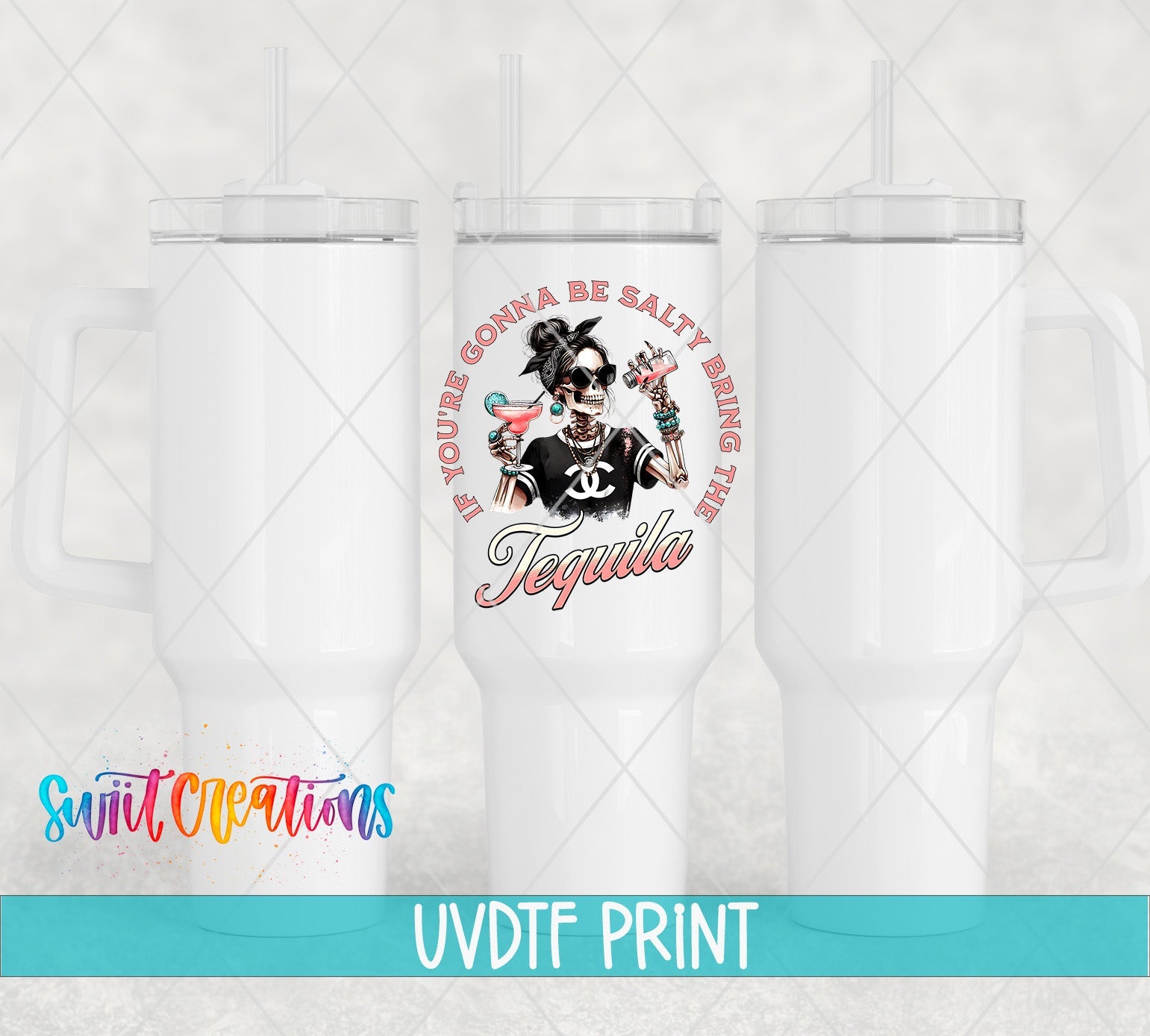 a white tumbler with a pirate girl on it