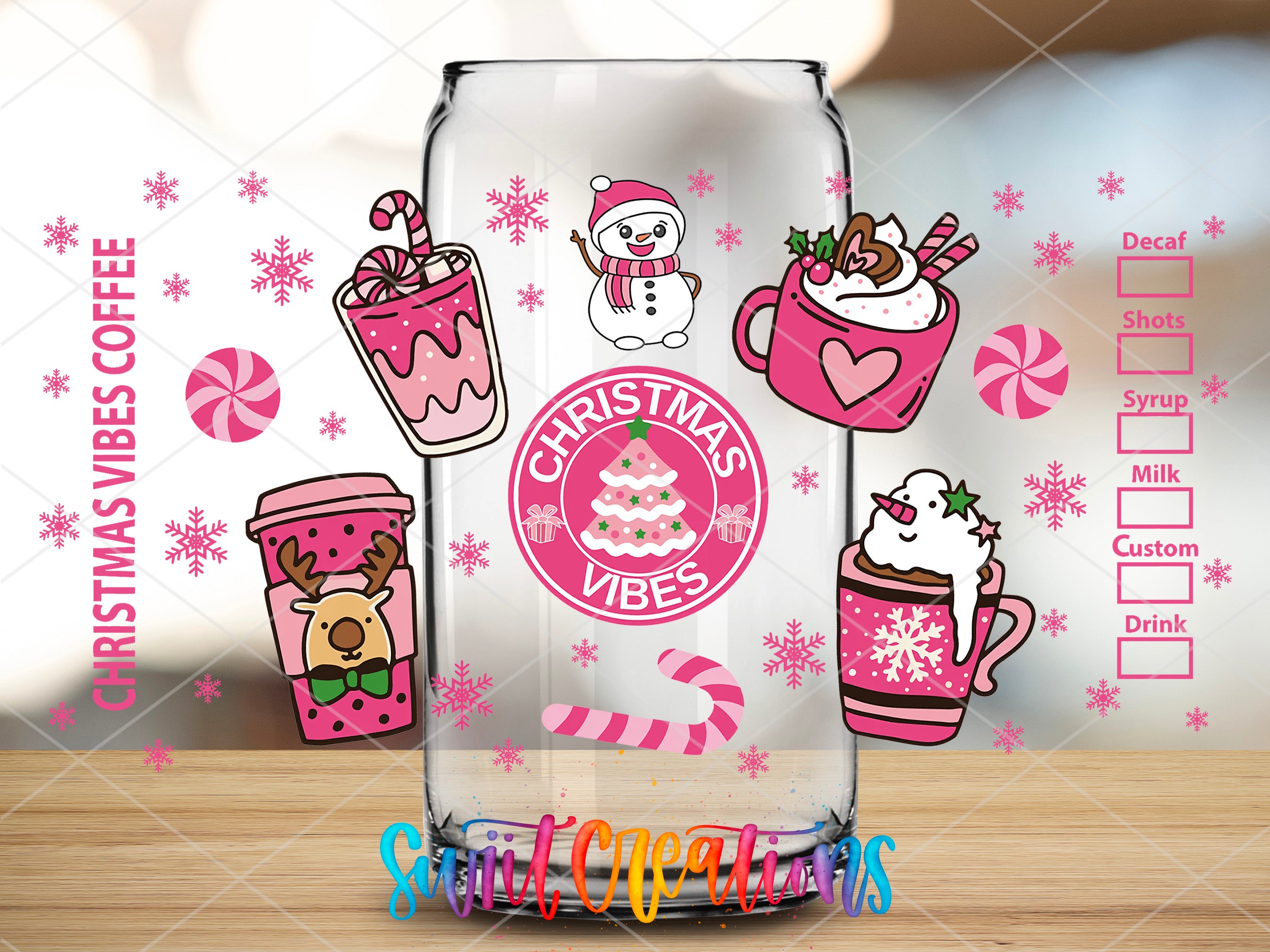 a glass jar with a christmas themed design