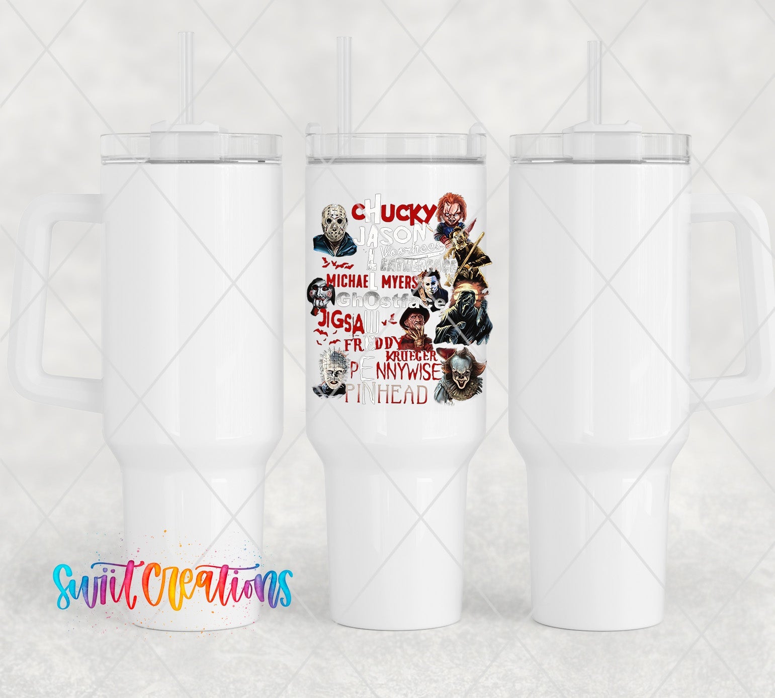 a white tumbler cup with a picture of the characters on it