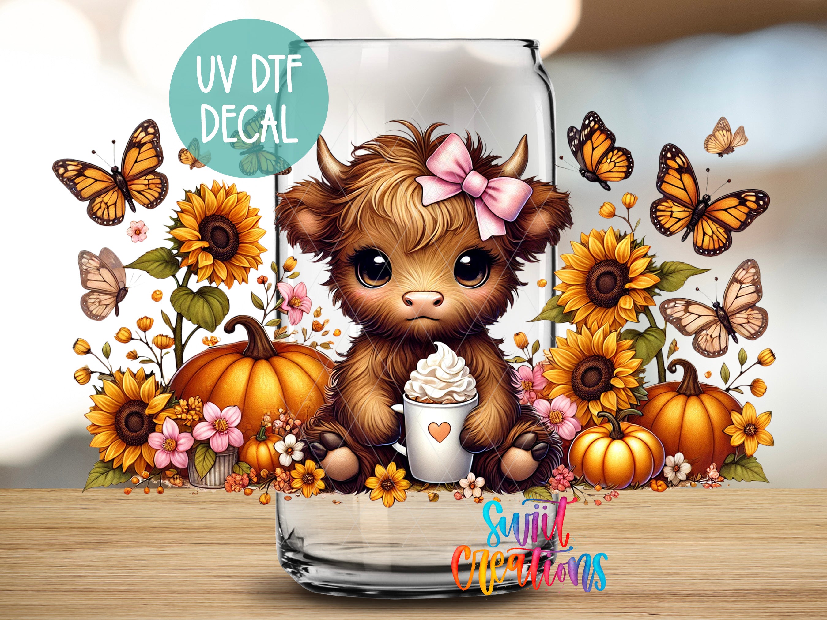 A cartoon cow with a pink bow sits in a glass jar filled with sunflowers, pumpkins, and butterflies, surrounded by a floral arrangement.
