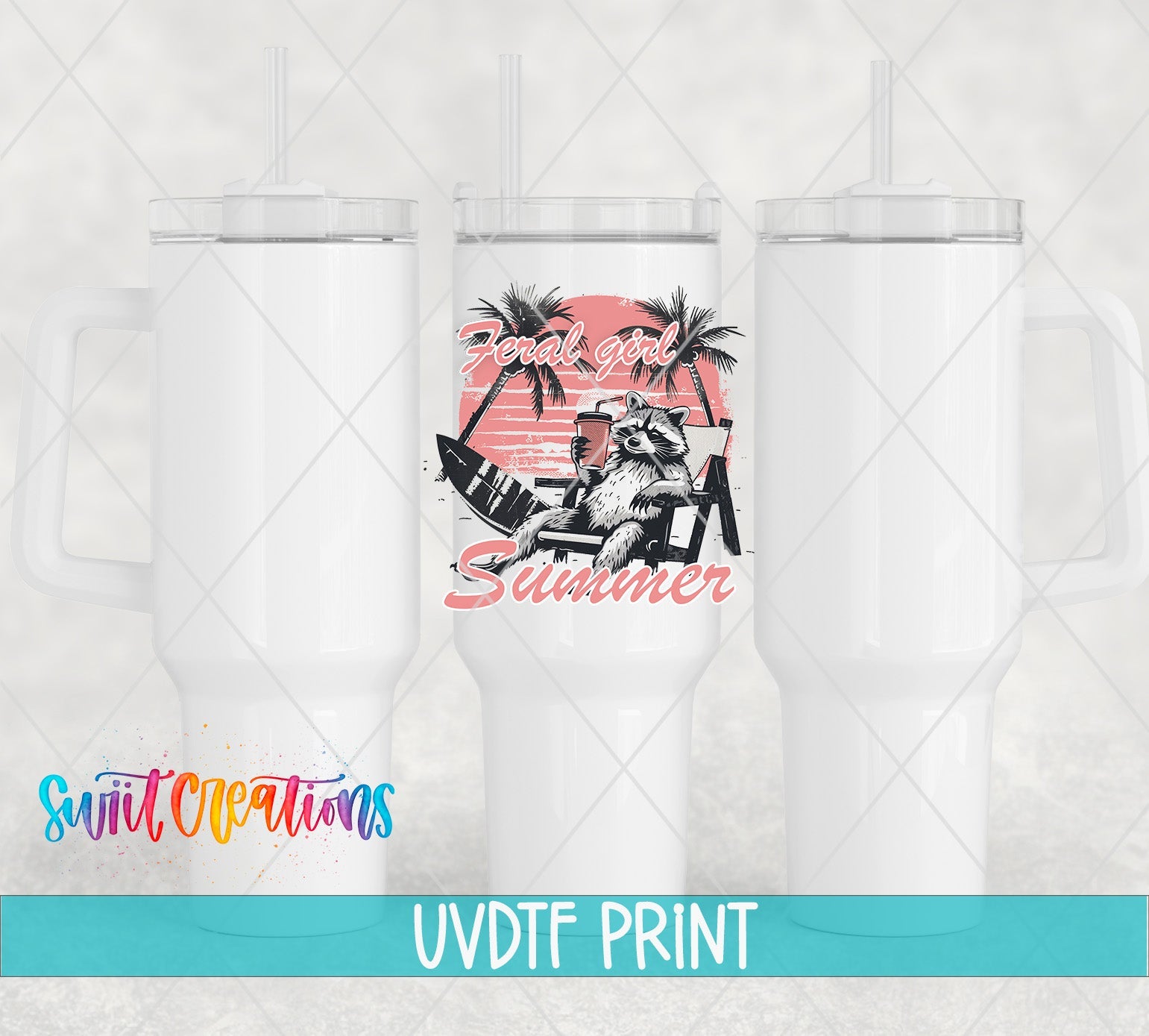 a set of three white tumblers with the words summer on them