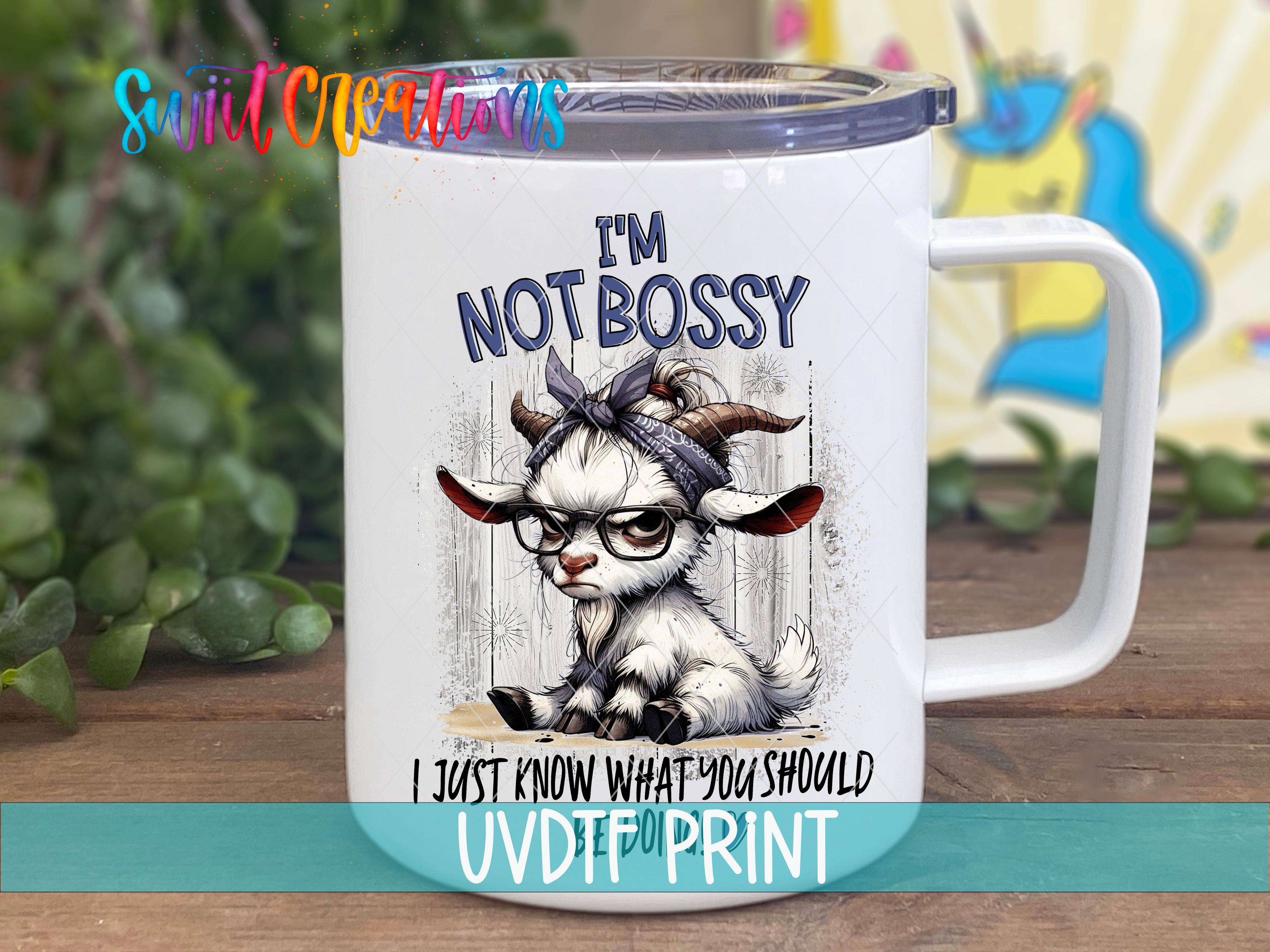 a white coffee mug with an image of a goat wearing glasses
