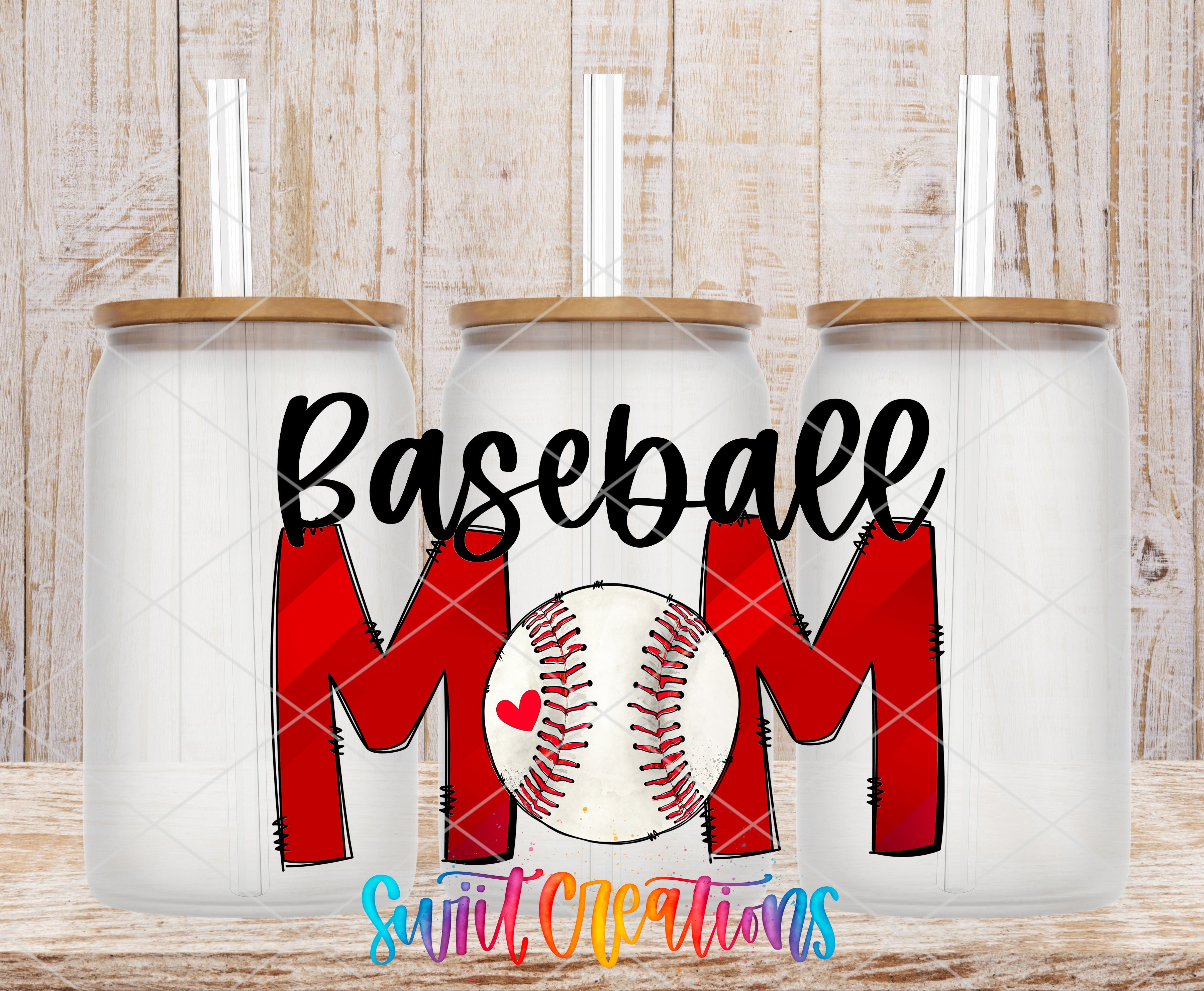 three glass tumblers with the text "Baseball Mom" printed on them, along with a baseball graphic.