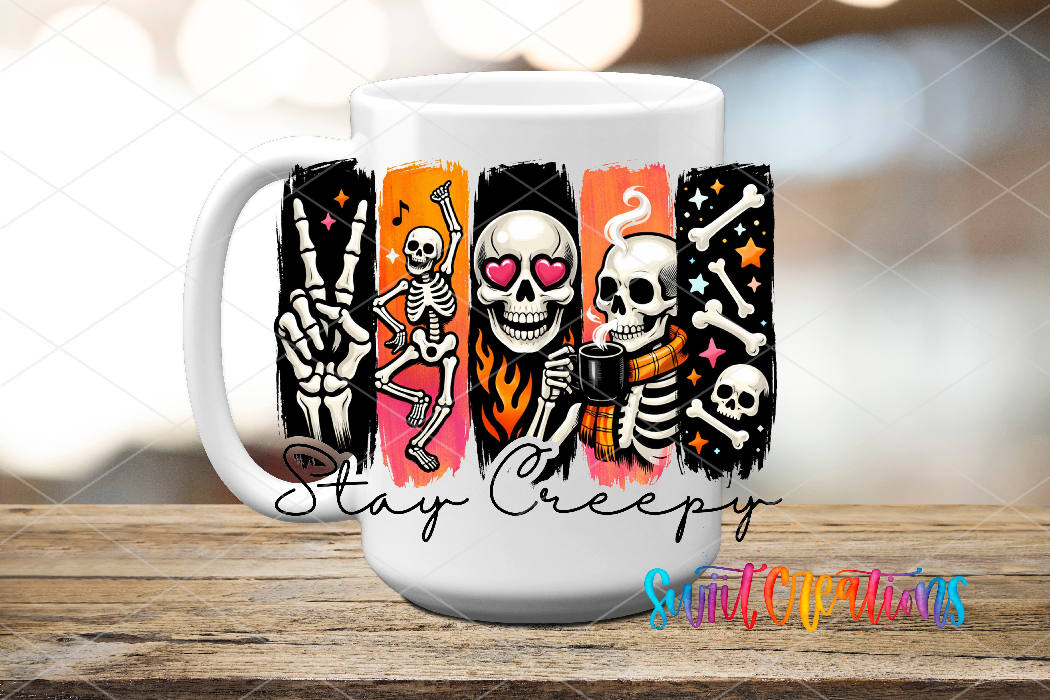 White mug displaying the Swiit Creations Stay Creepy UV DTF transfer with dancing skeletons, skulls, flames, bones, and stars.
