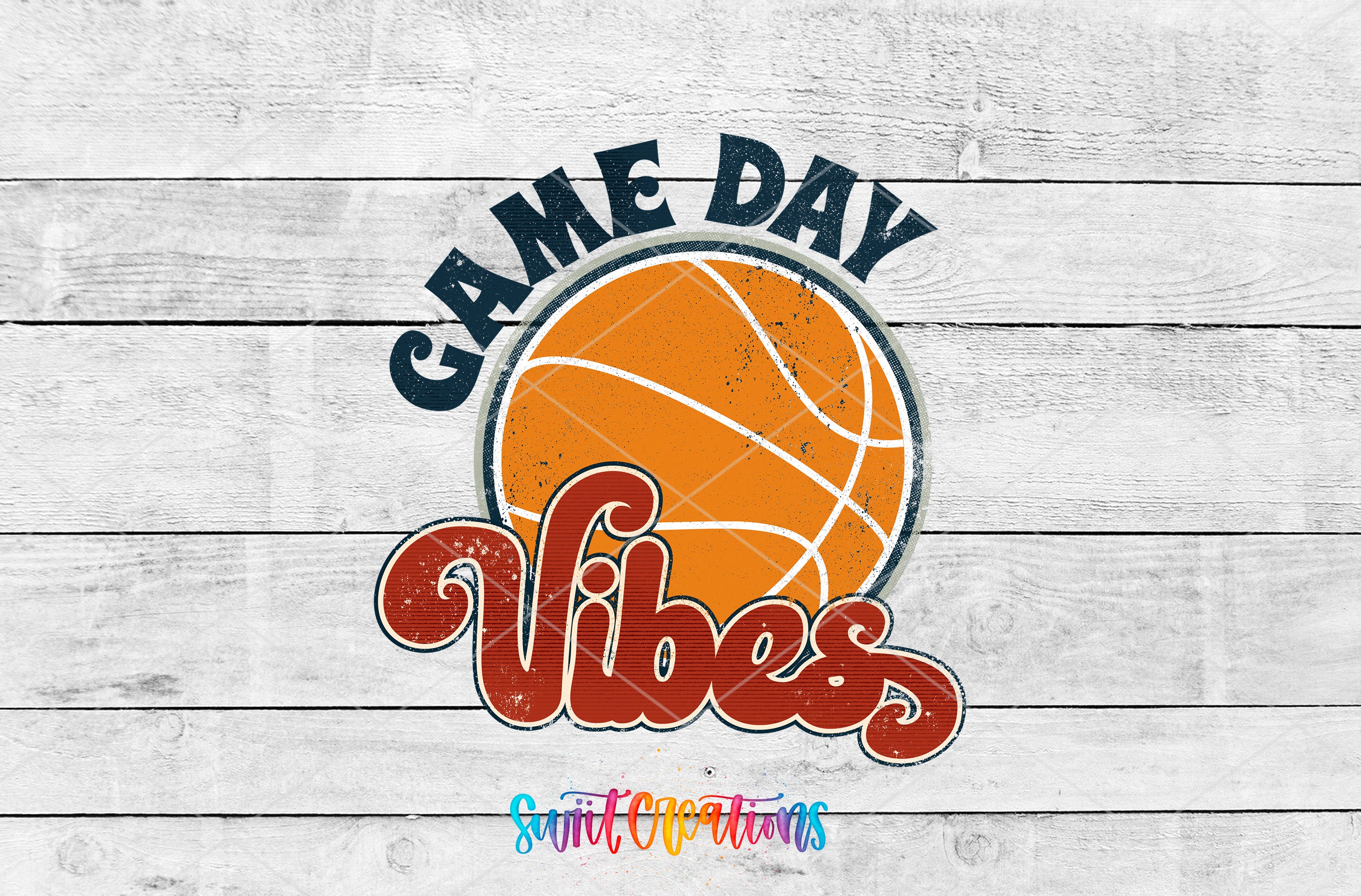 a basketball with the text "GAME DAY VIBES" written around it, set against a white wooden background.