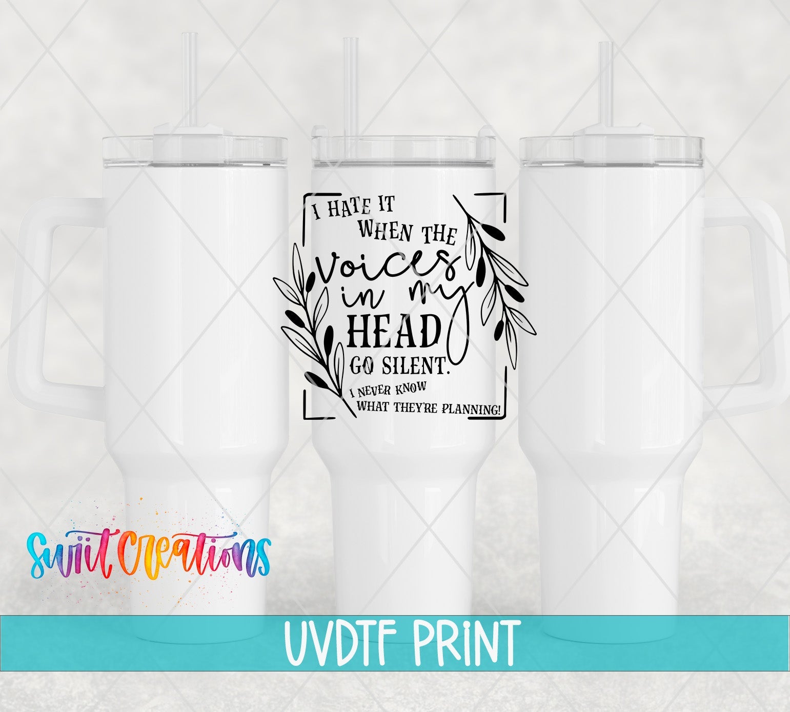 three travel mugs with the words take it when the voice of my head is