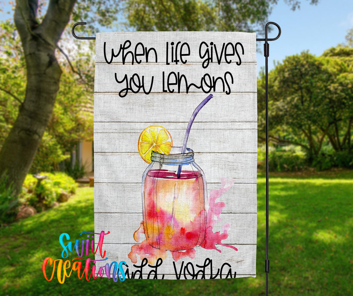 A banner with a lemon-based drink in a mason jar, accompanied by the text "When life gives you lemons" and "Vodka".