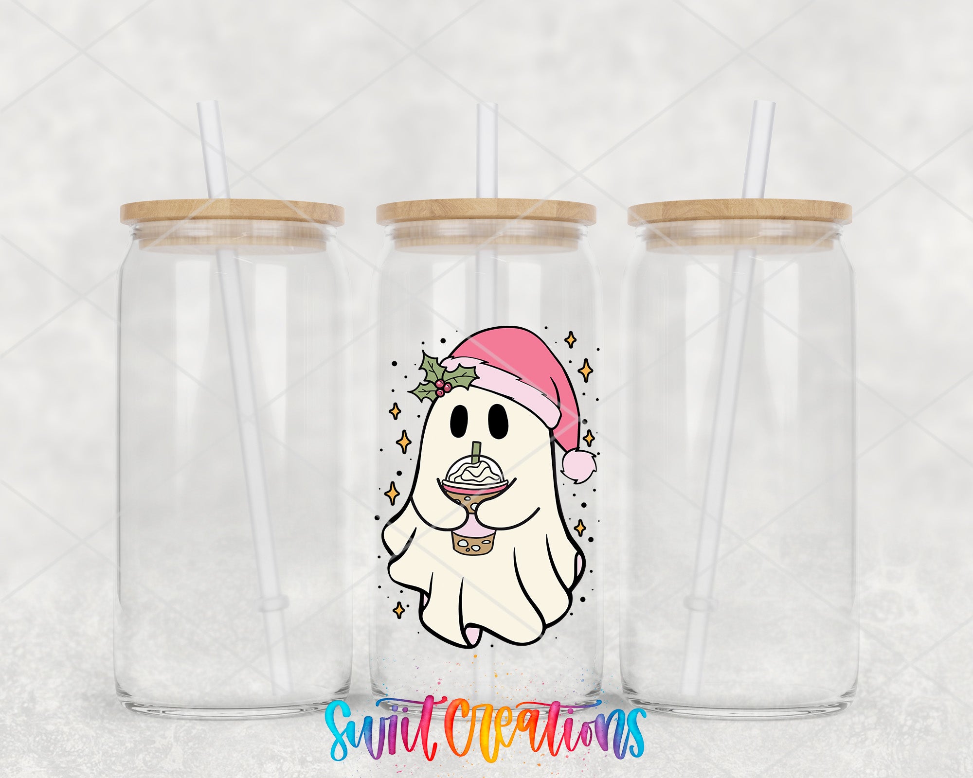 two plastic cups with a dog wearing a santa hat