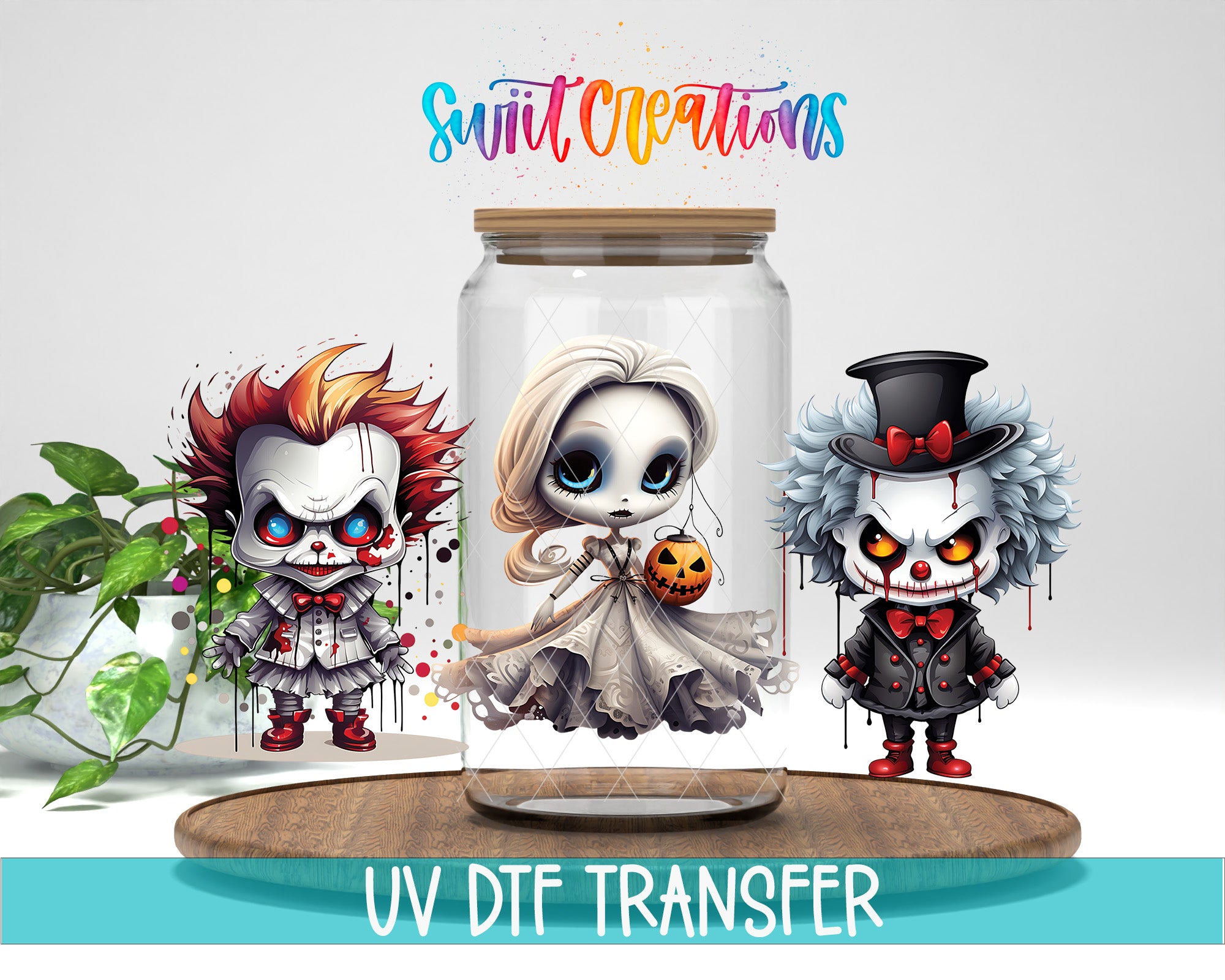 three illustrated characters, each in a different costume, displayed in a glass jar. The characters are dressed in spooky or Halloween-themed outfits, and the jar is placed on a wooden surface. The image also includes text that reads "UV DFT TRANSFER", which suggests that the image may be related to digital art or photography techniques.