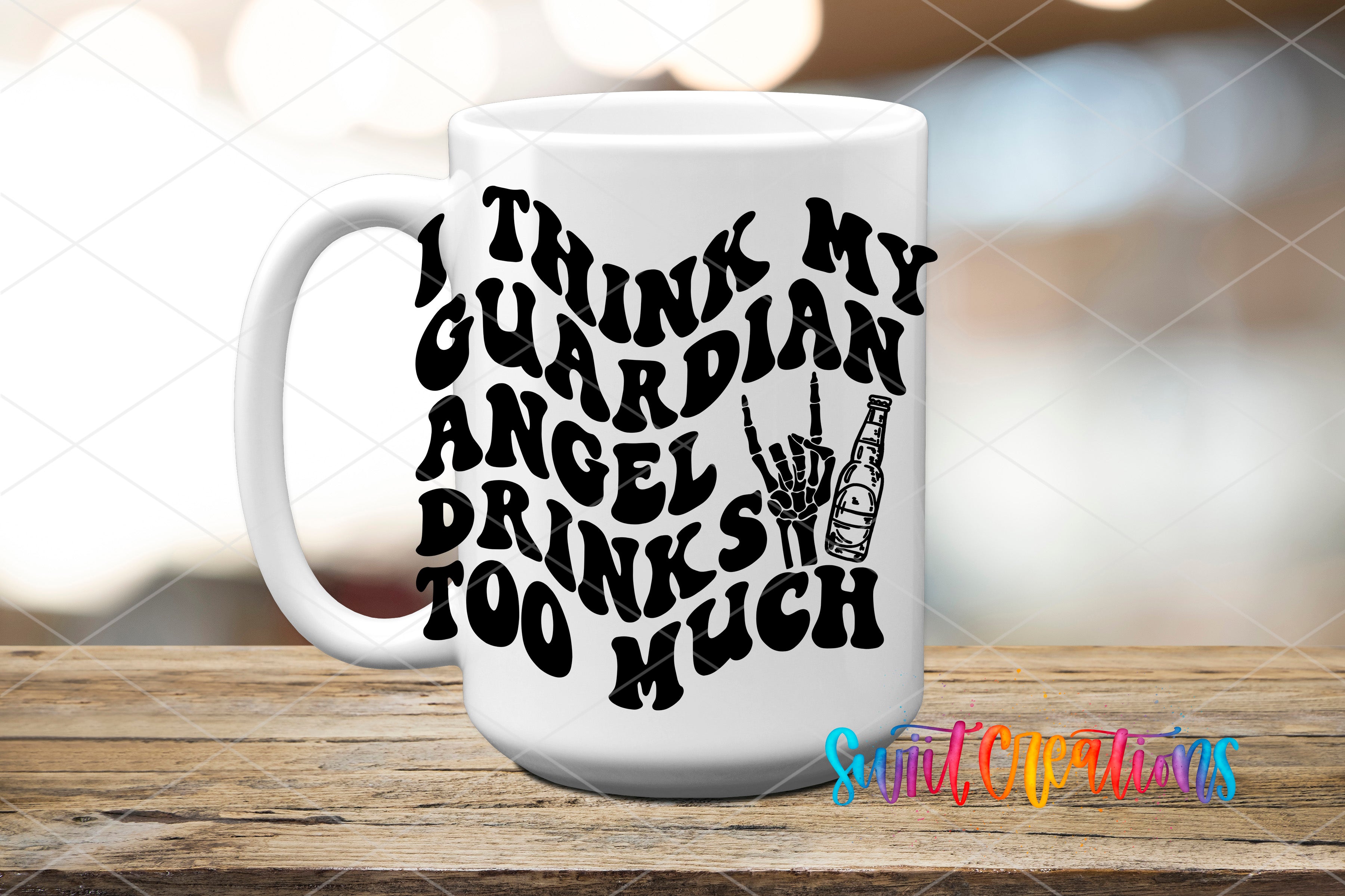 A white mug with black text and a graphic design on it, placed on a wooden surface.