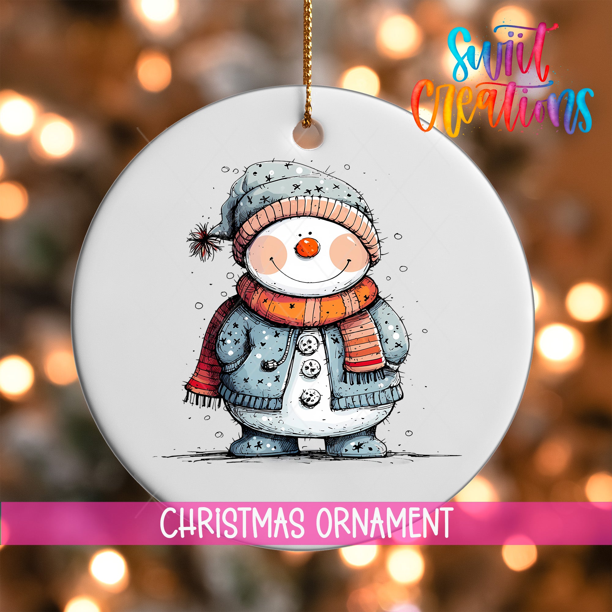A white Christmas ornament featuring a smiling snowman wearing a blue scarf and hat, with a red scarf wrapped around its neck.
