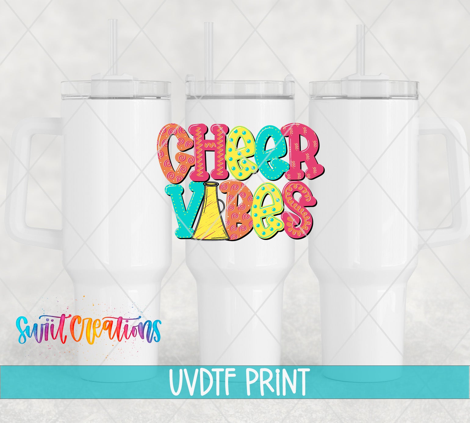 a set of three white tumblers with colorful text printed on them, including the words "CHEER VIBES".