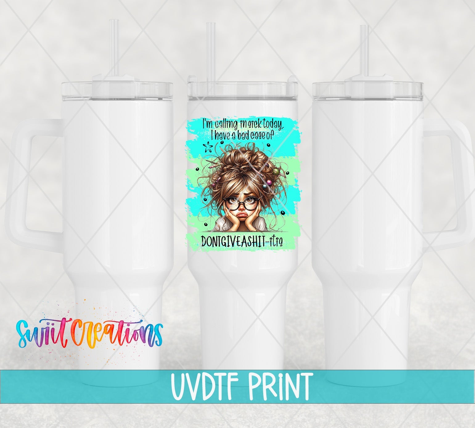 a white tumbler with a picture of a woman's face on it