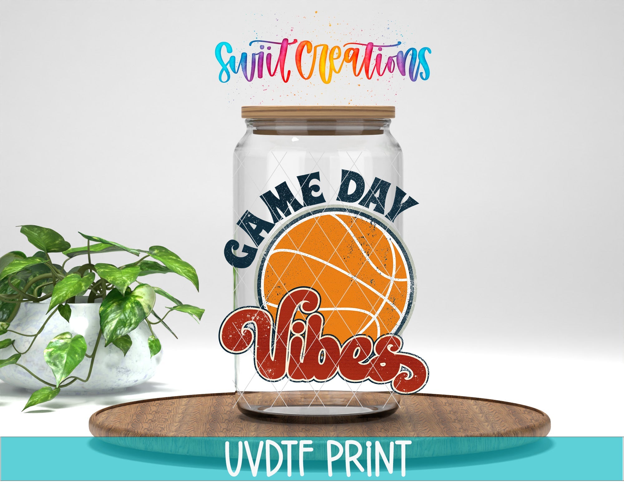 a glass jar with a basketball inside of it