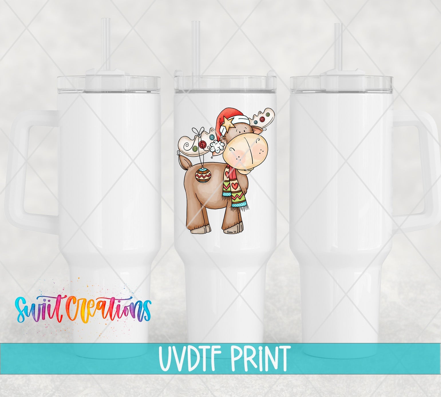 a white tumbler with a picture of a cow wearing a santa hat