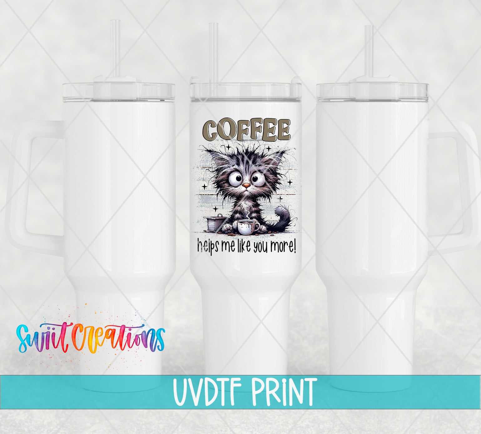 a white tumbler with a picture of a cat on it
