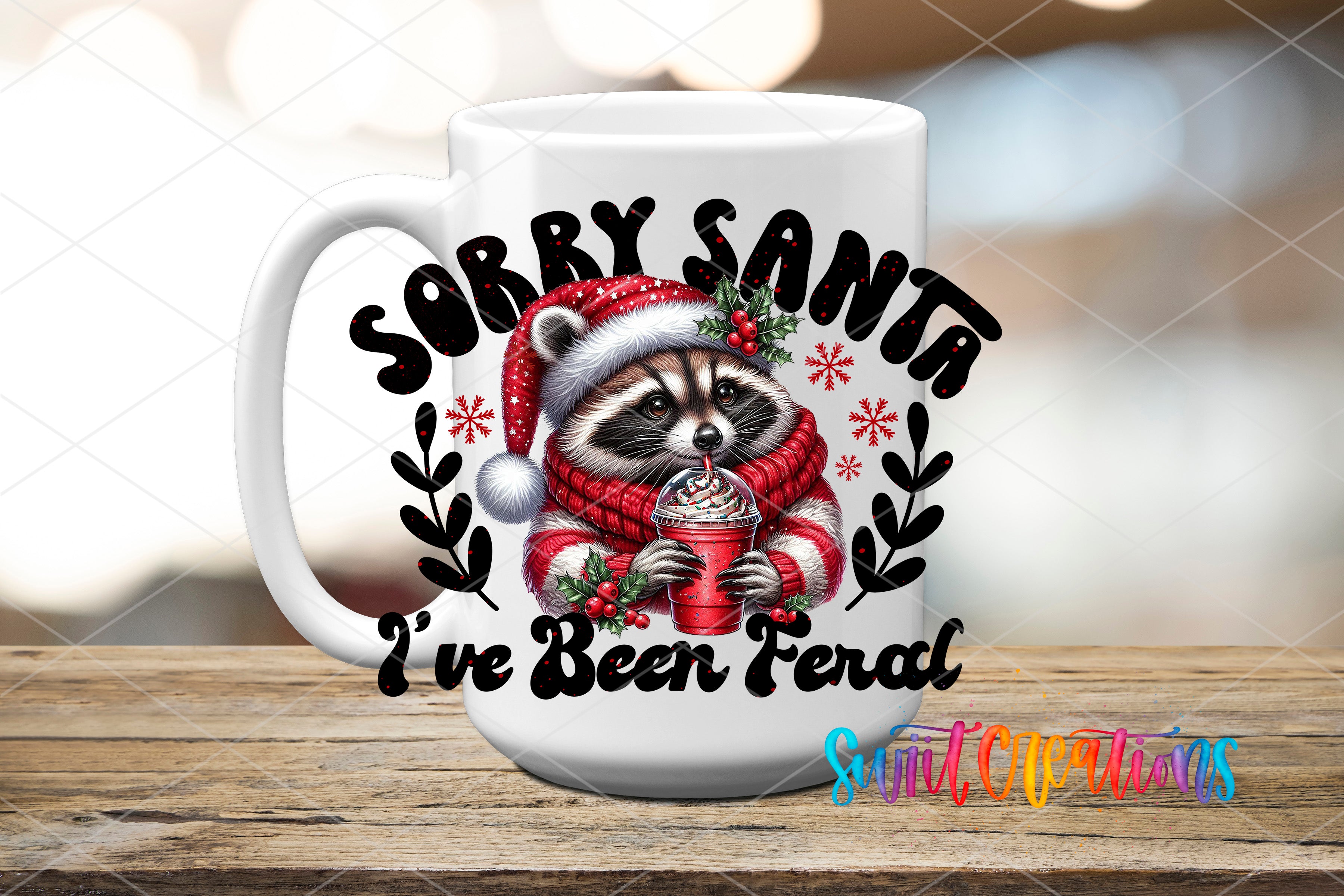 A white mug with a raccoon wearing a Santa hat and scarf, holding a hot drink, and surrounded by holiday-themed elements.
