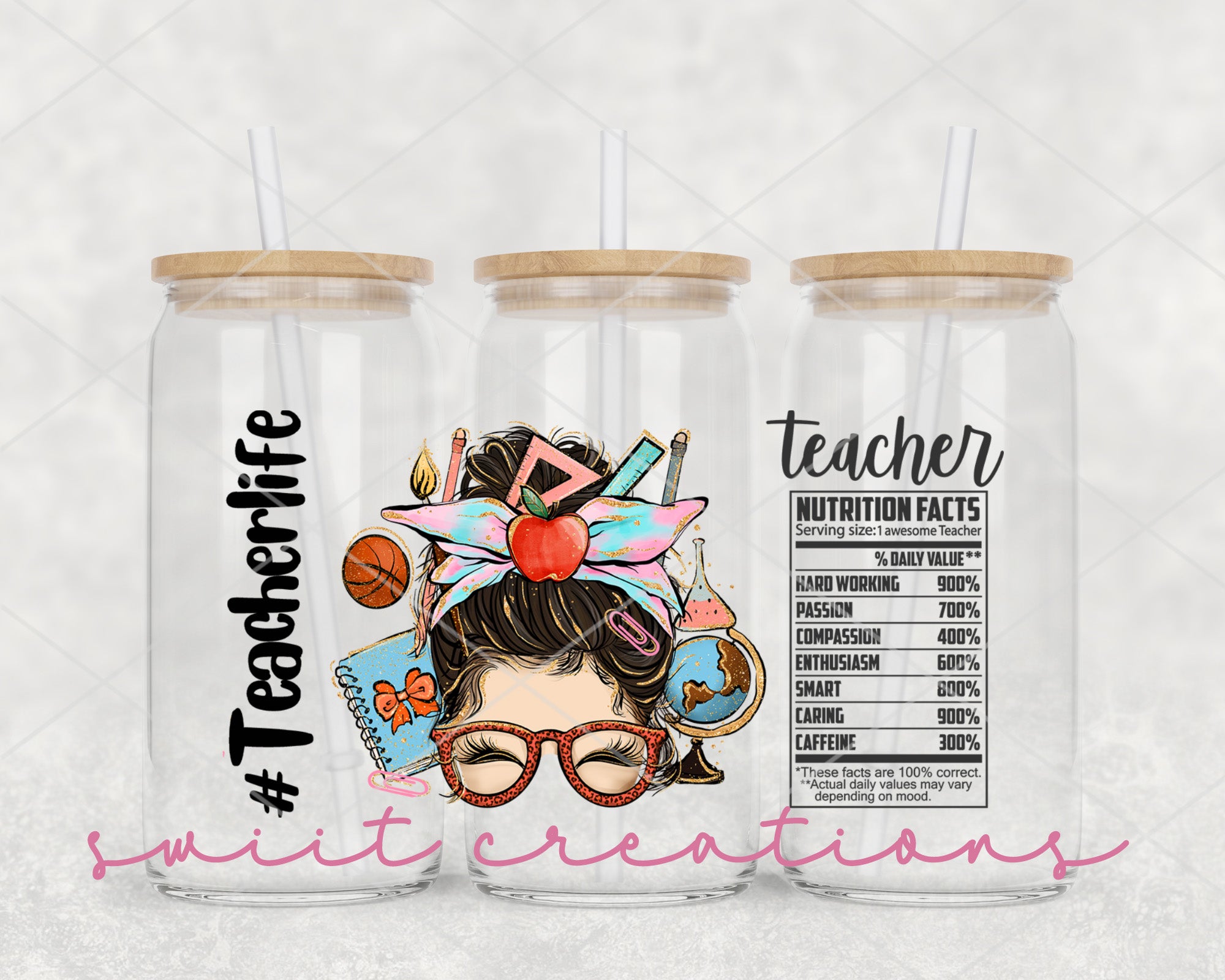two clear tumblers with a graphic of a woman's head and glasses on