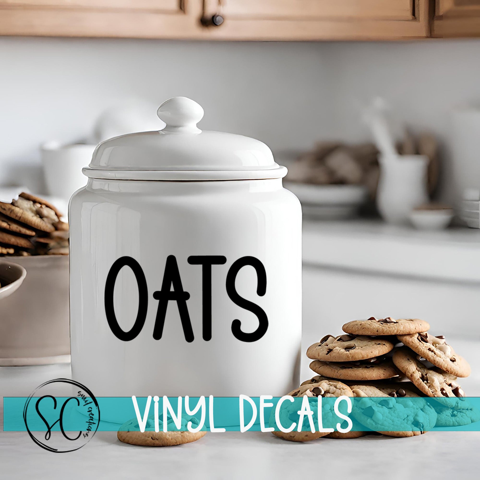 A white ceramic jar labeled "OATS" sits on a kitchen counter, surrounded by stacks of chocolate chip cookies.