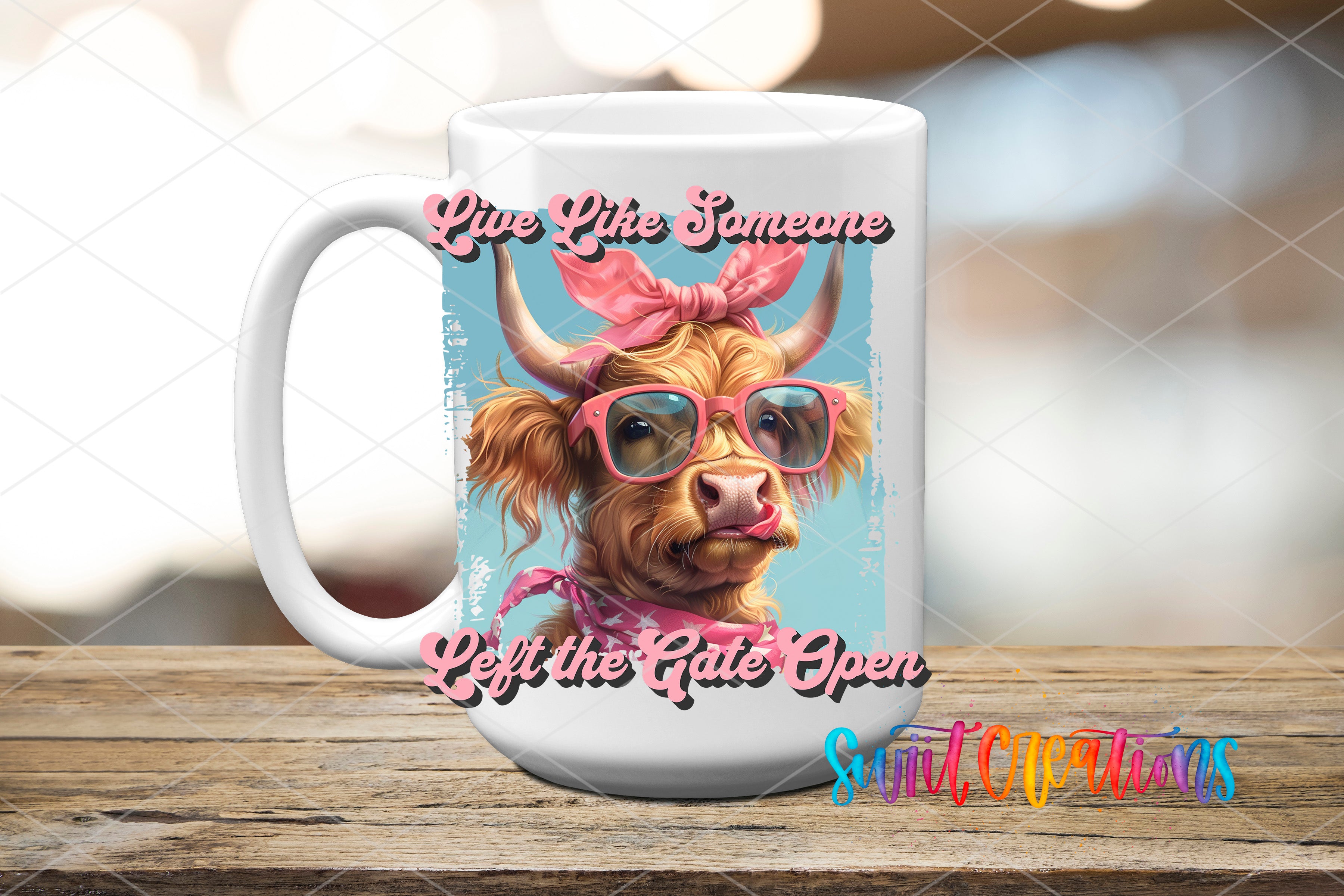 A white mug with a picture of a cow wearing sunglasses and a pink bow tie, along with the text "Live Like Someone" and "Left the Gate Open" printed on it.