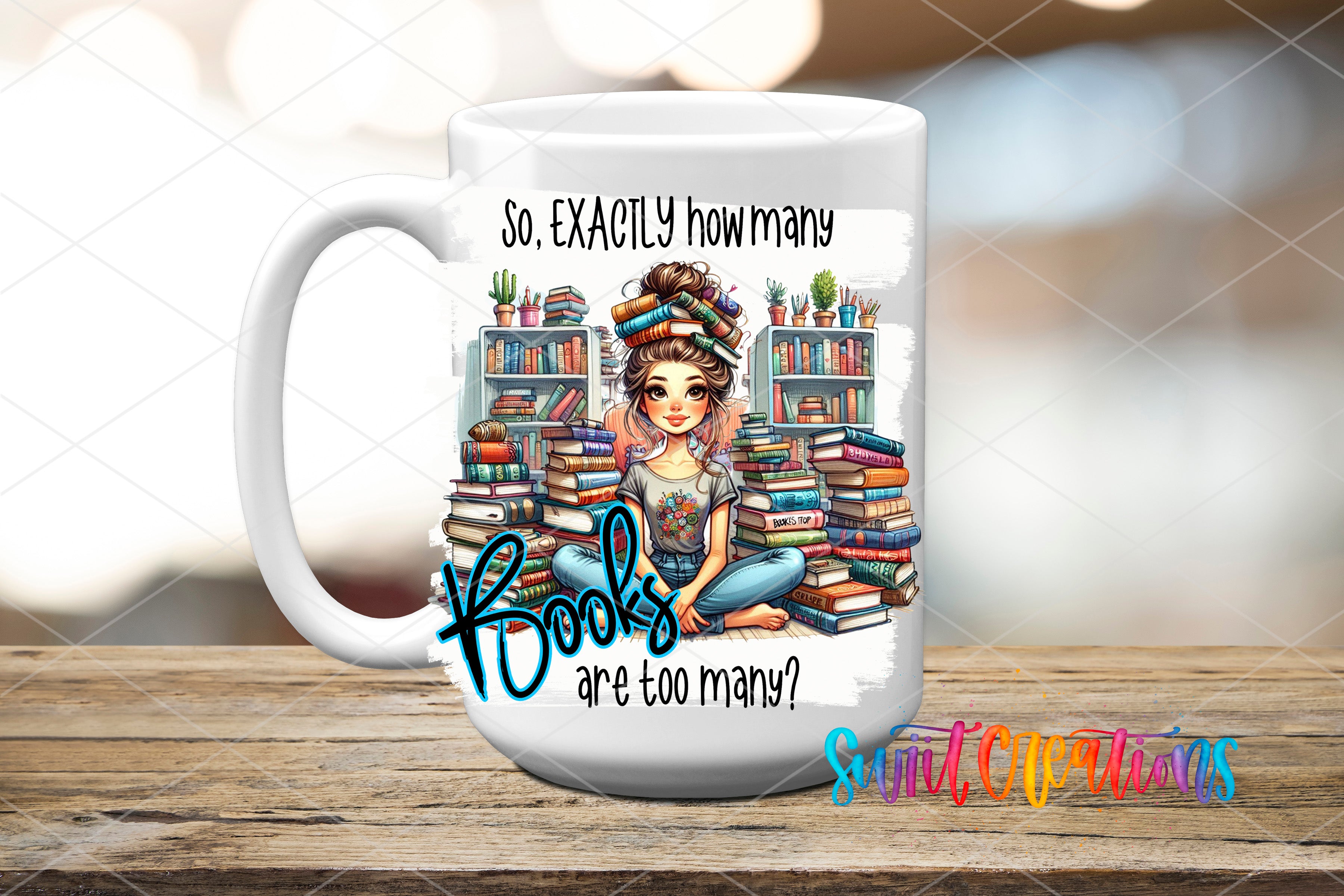 A white mug with a colorful illustration of a woman surrounded by books, along with the text "So, EXACTLY how many books are there?"
