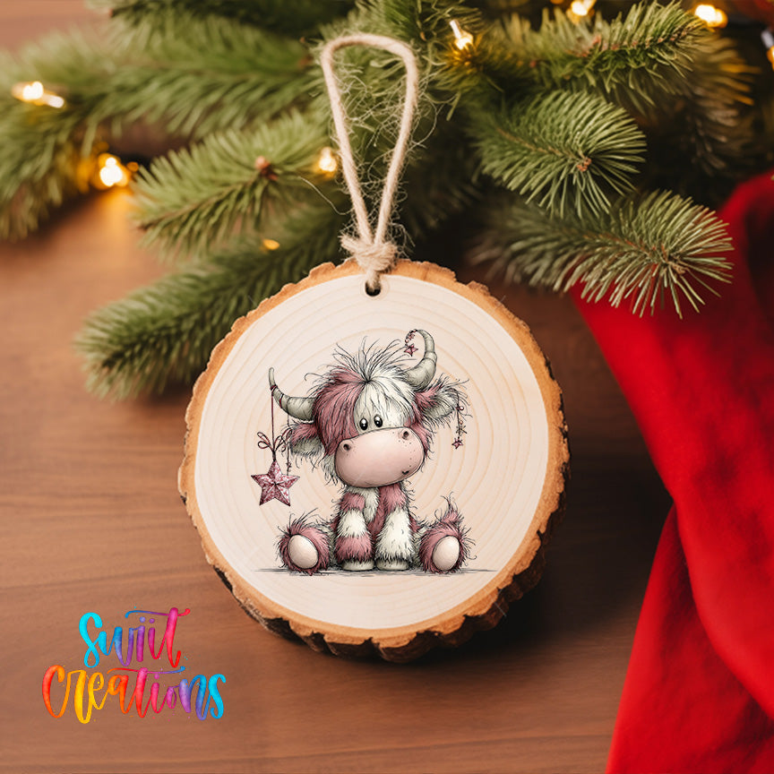 A wooden ornament featuring a cartoon cow with a star on its ear, hanging on a Christmas tree.