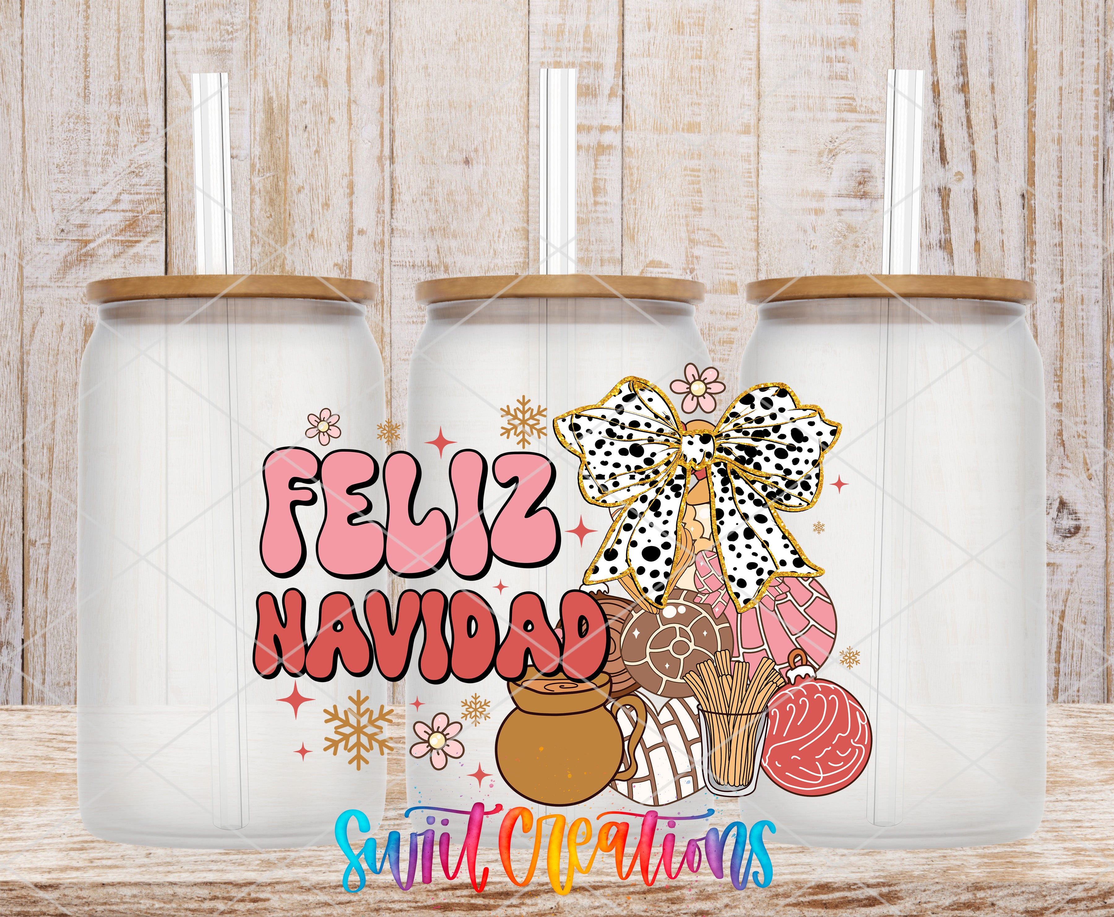 three glass jars with a festive design, including a bow, snowflakes, and various holiday-themed elements. The text "Feliz Navidad" is prominently displayed on the jars, which translates to "Happy New Year" in Spanish.