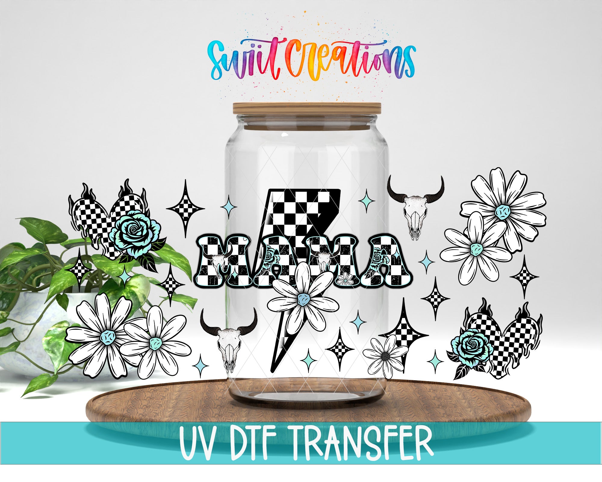 a glass jar with various decorative elements, including flowers, skulls, and lightning bolts, all set against a white background.