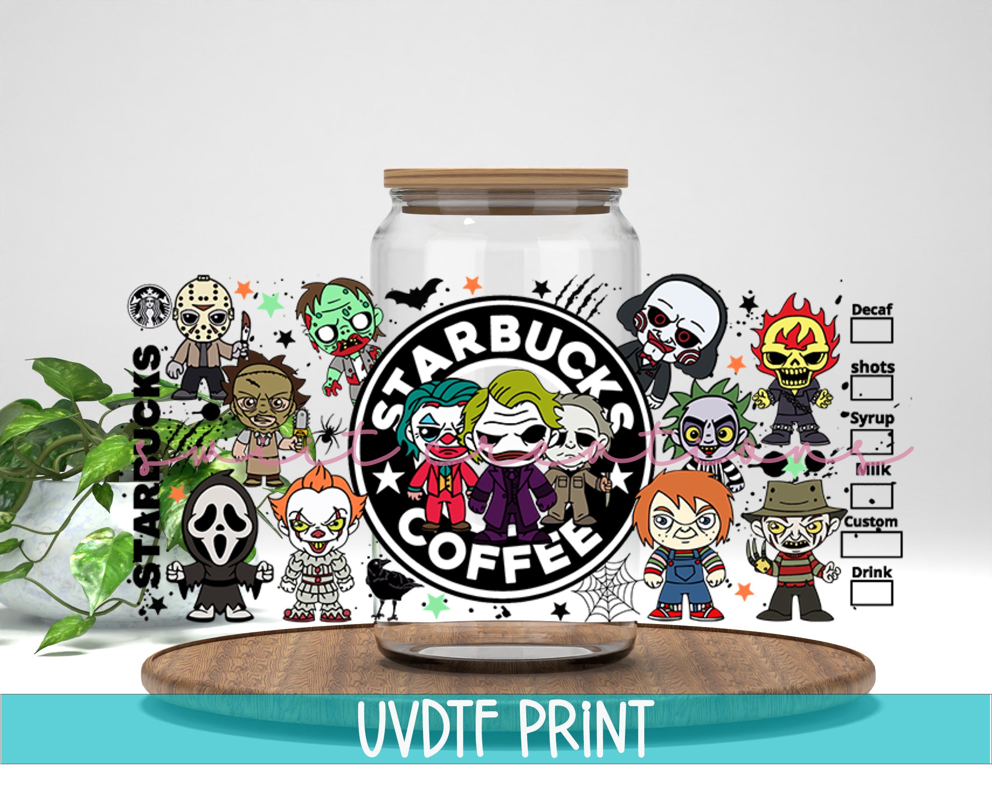 a jar filled with lots of stickers next to a plant