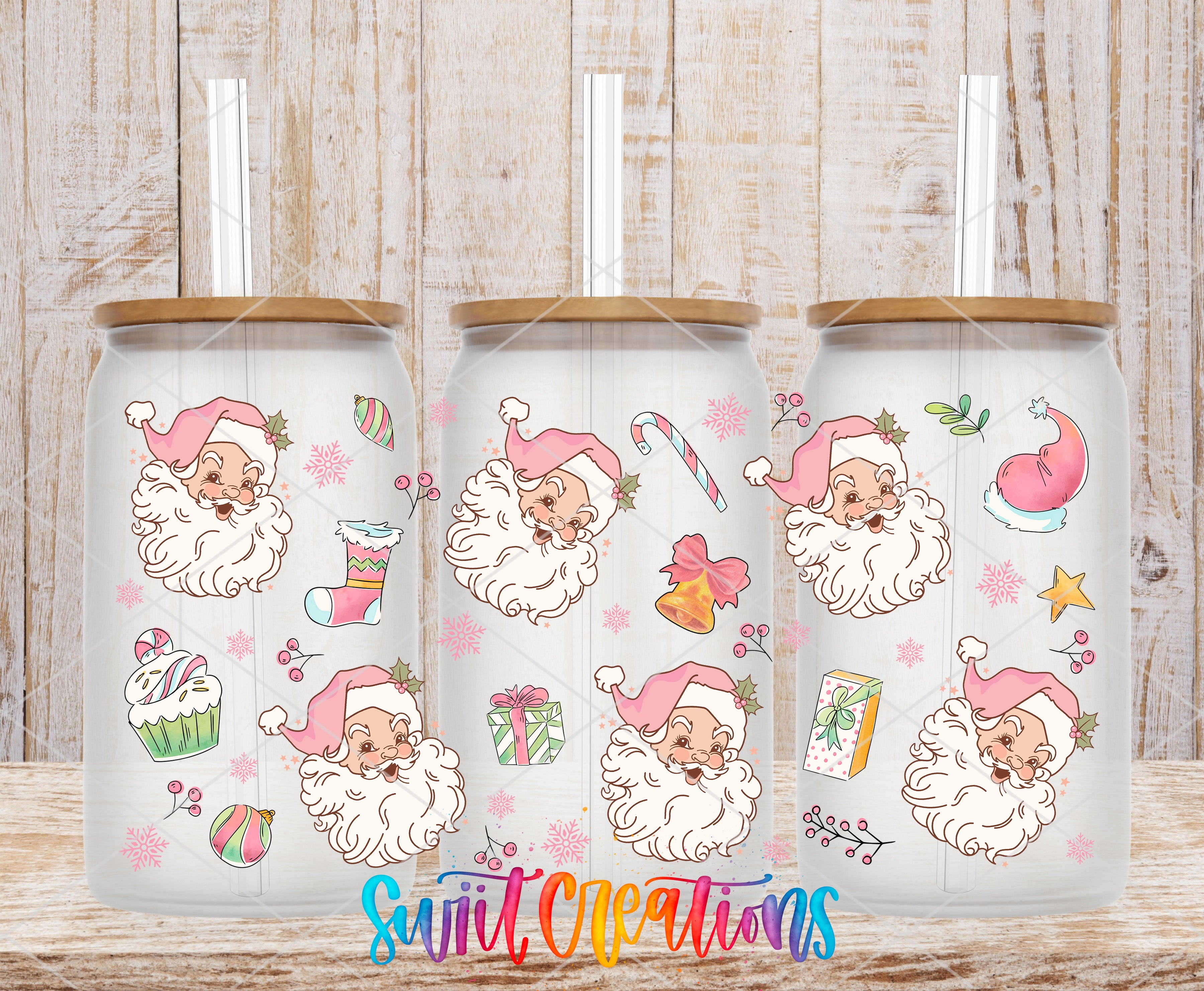 a couple of cups that have santa claus on them