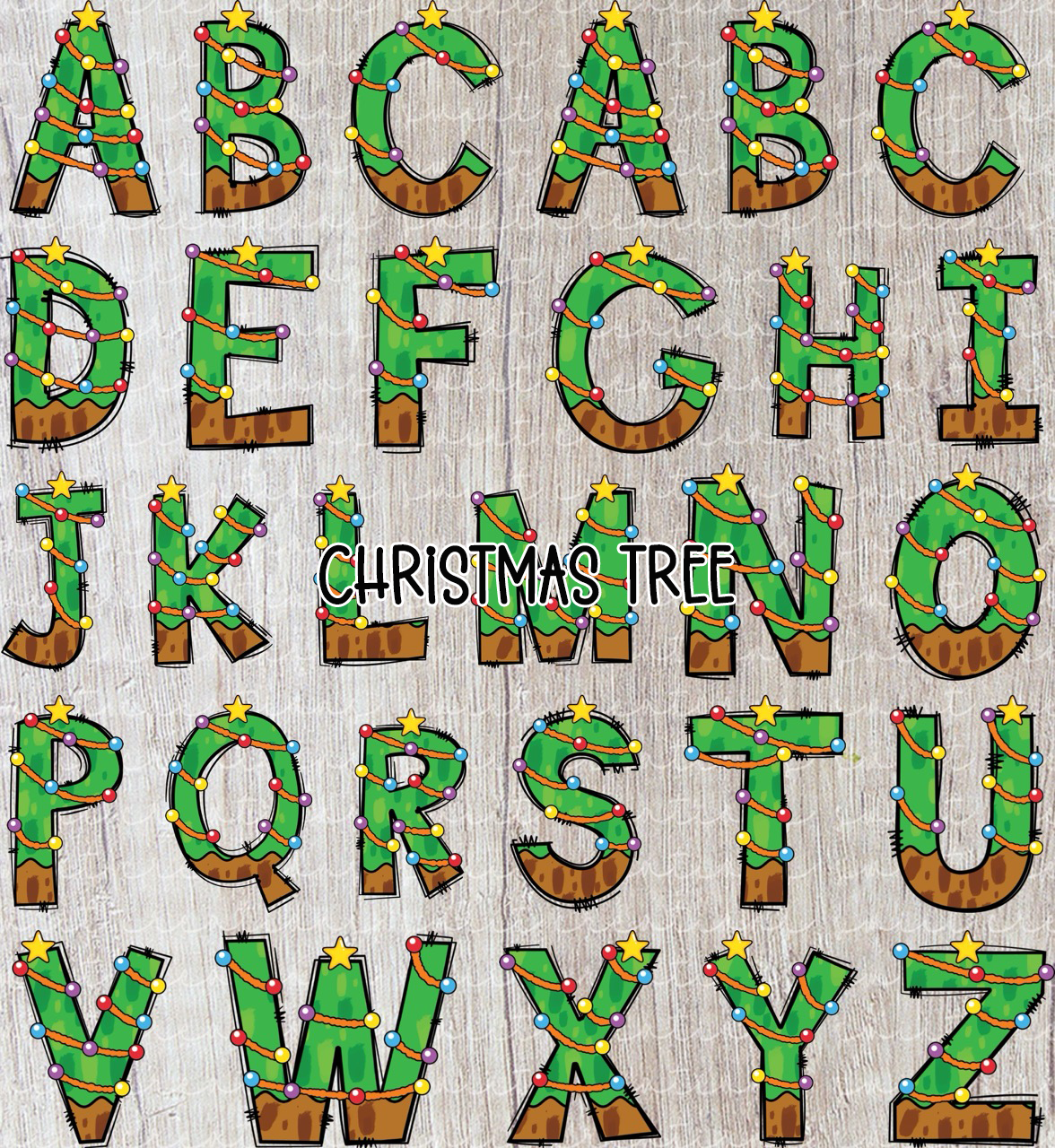 a collection of Christmas tree-themed letters, each decorated with colorful lights and ornaments, arranged in a grid-like pattern.