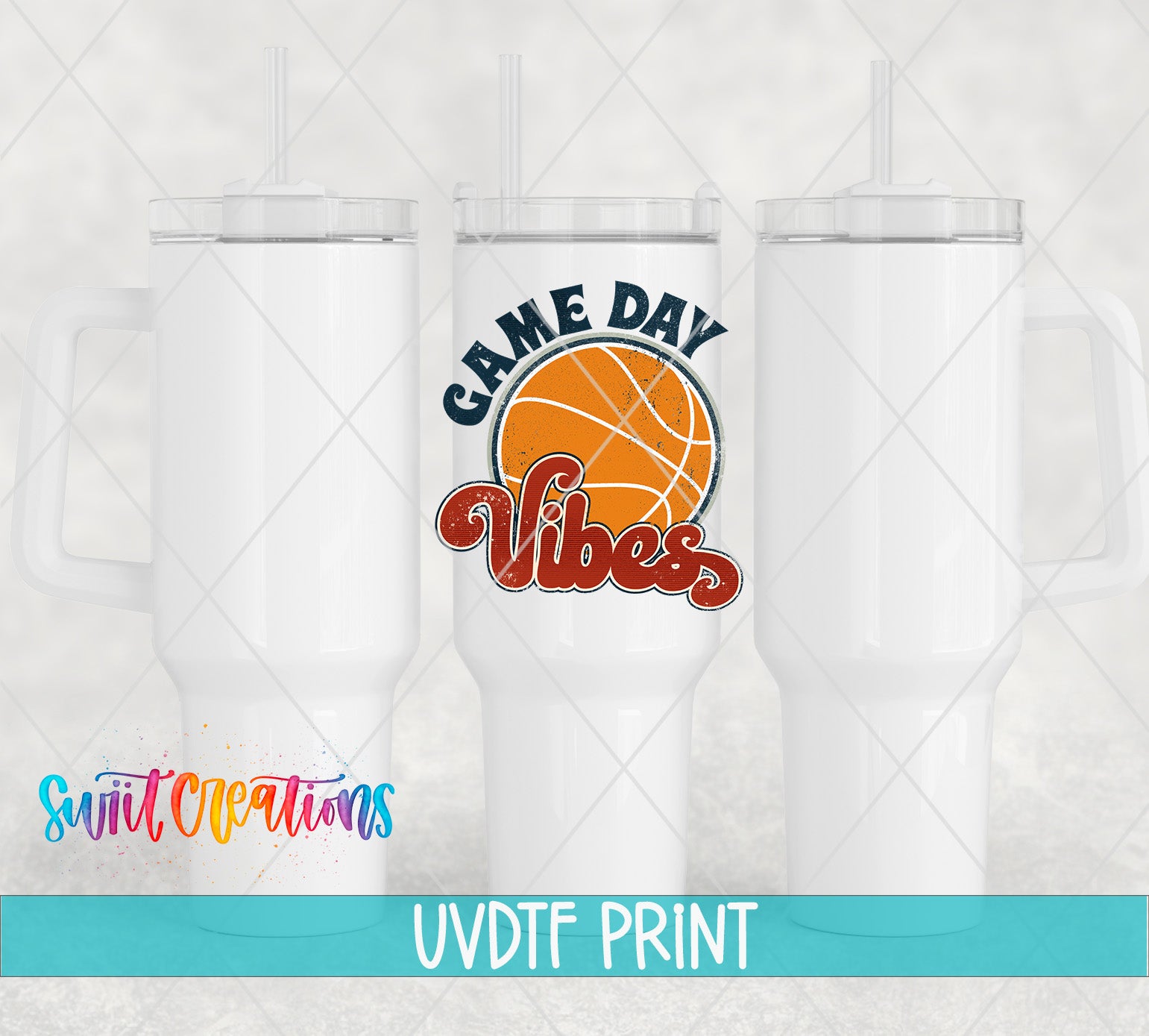 three white tumblers with a basketball graphic and the text "GAME DAY VIBES" printed on them.