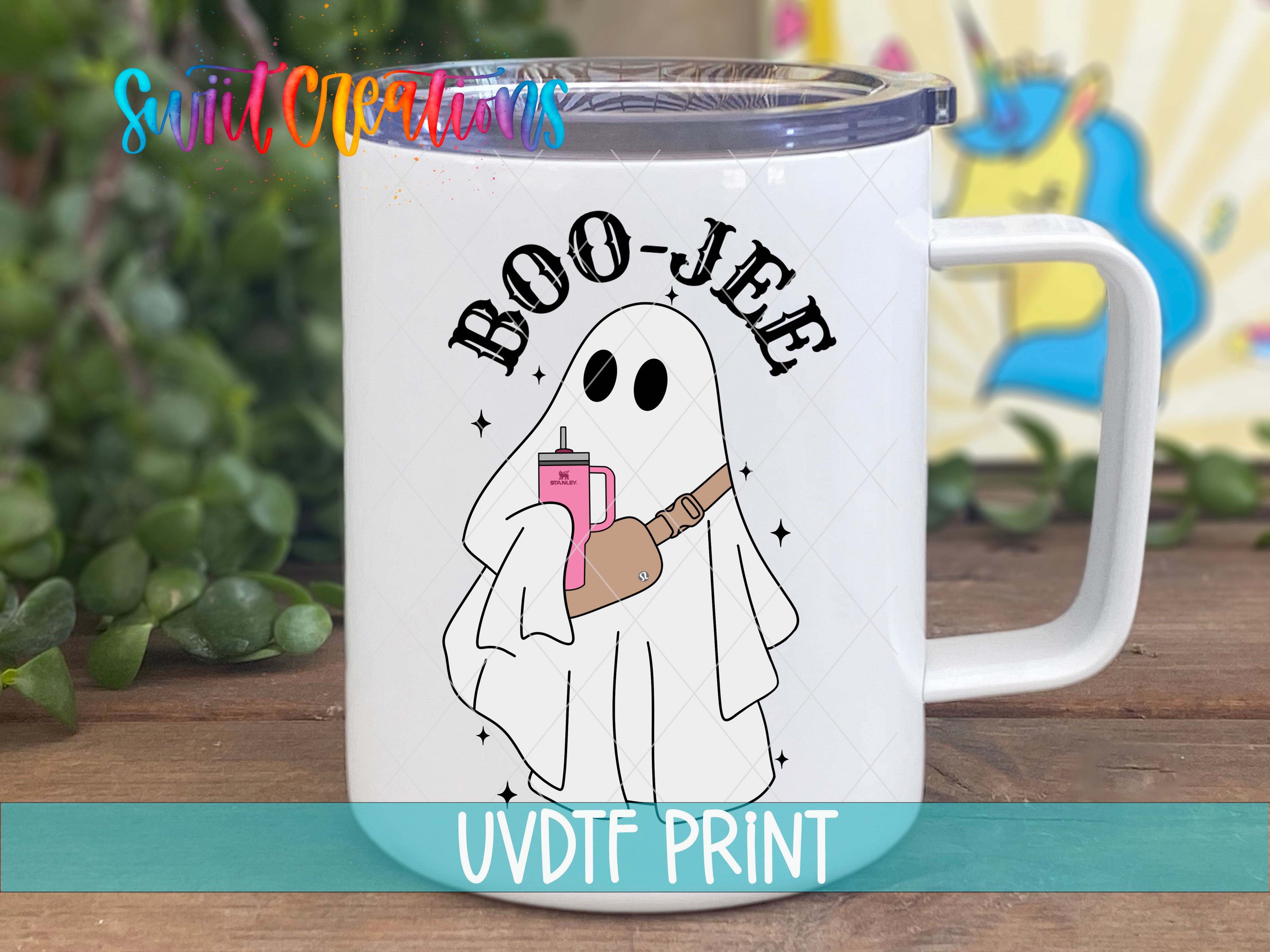a white coffee mug with a ghost holding a drink