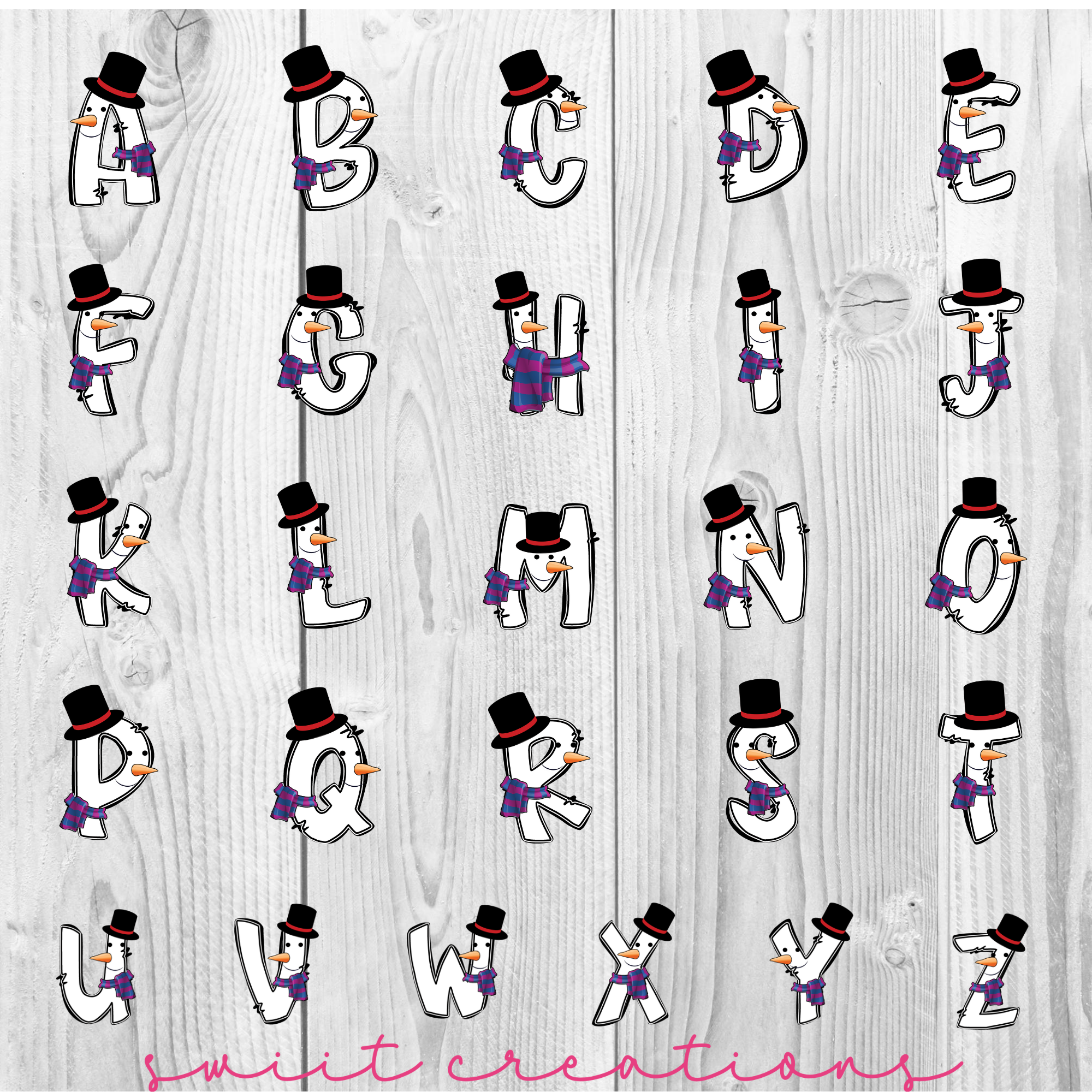 a snowman with a top hat and purple scarf