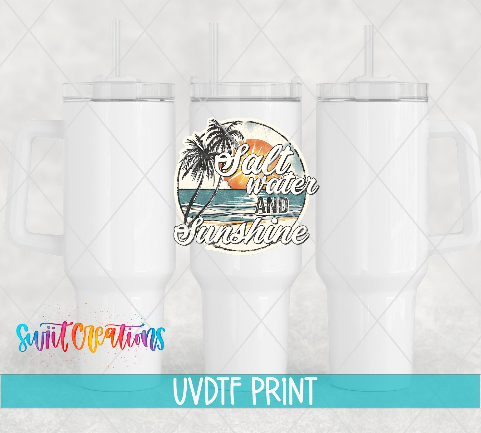 three white tumblers with a tropical beach scene printed on them.