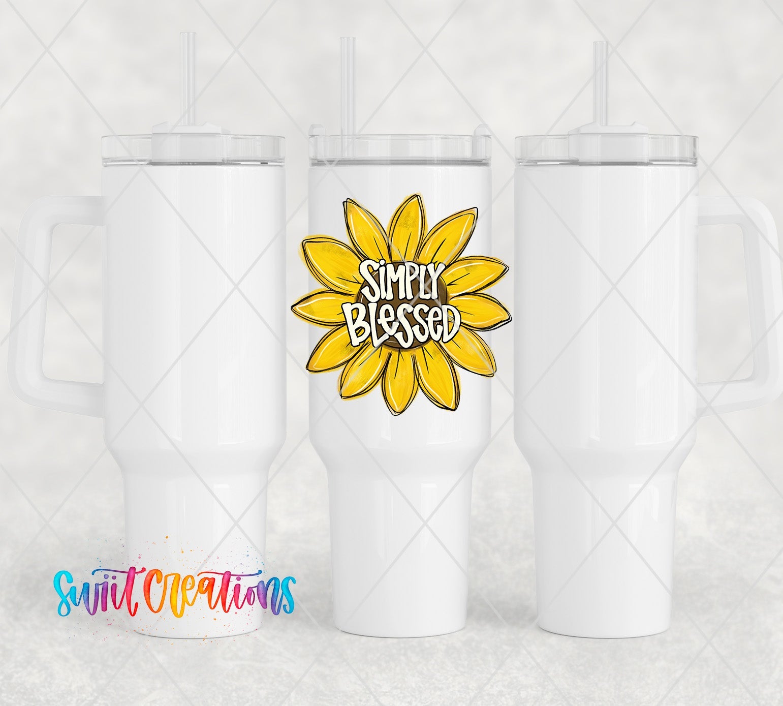a white cup with a yellow sunflower on it