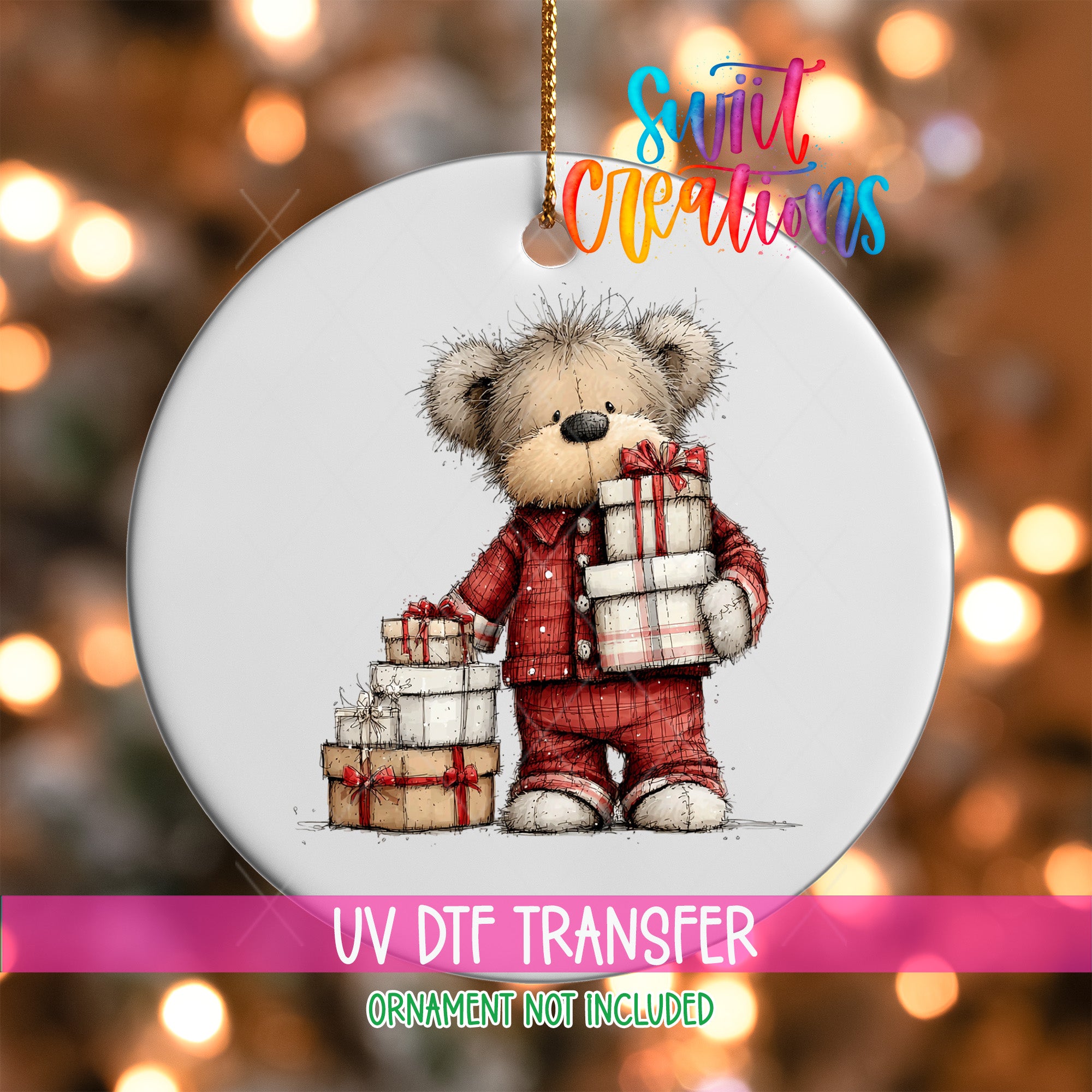 A white ornament with a teddy bear holding a stack of presents.