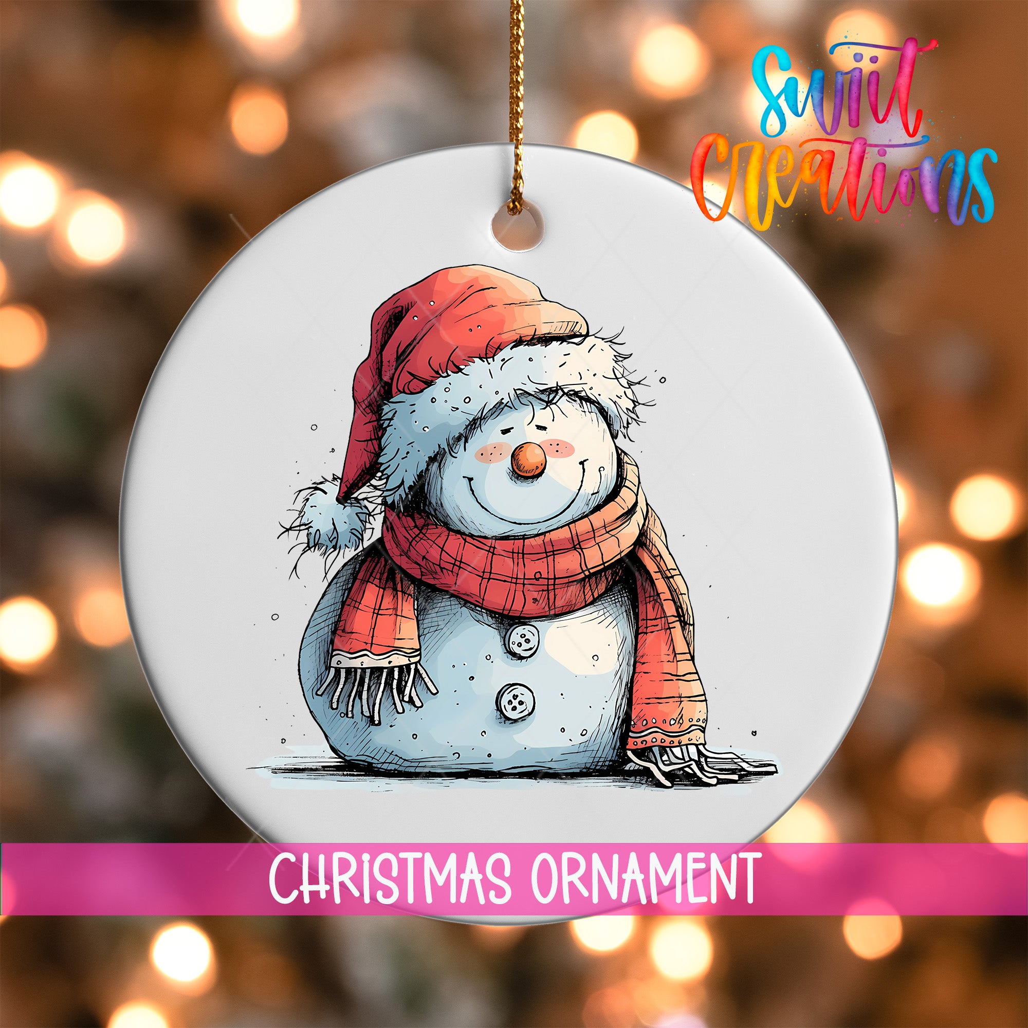 A snowman ornament with a red scarf and a red hat, sitting on a snowy surface, is the main focus of the image.