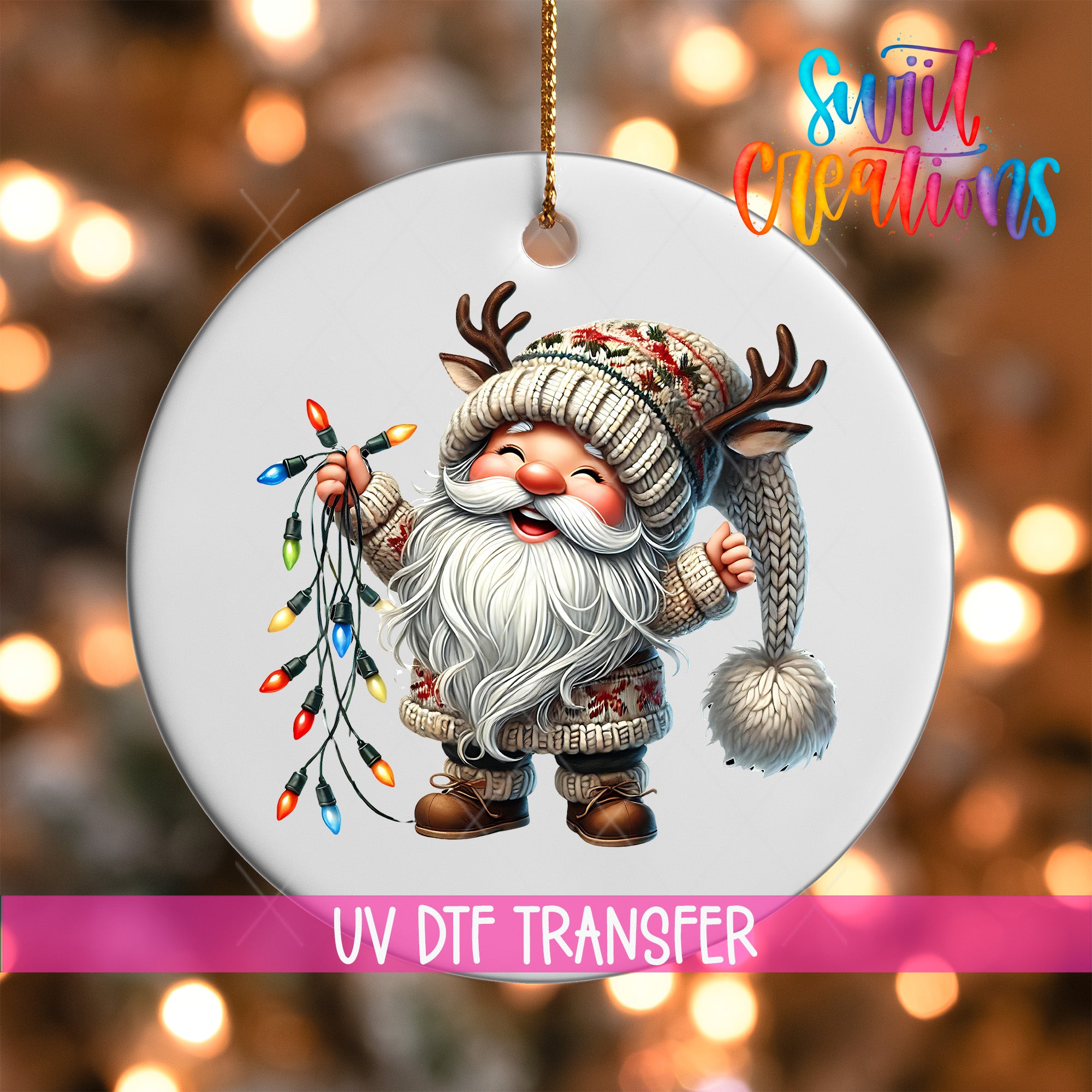 A white ornament featuring a smiling gnome holding a string of colorful Christmas lights.