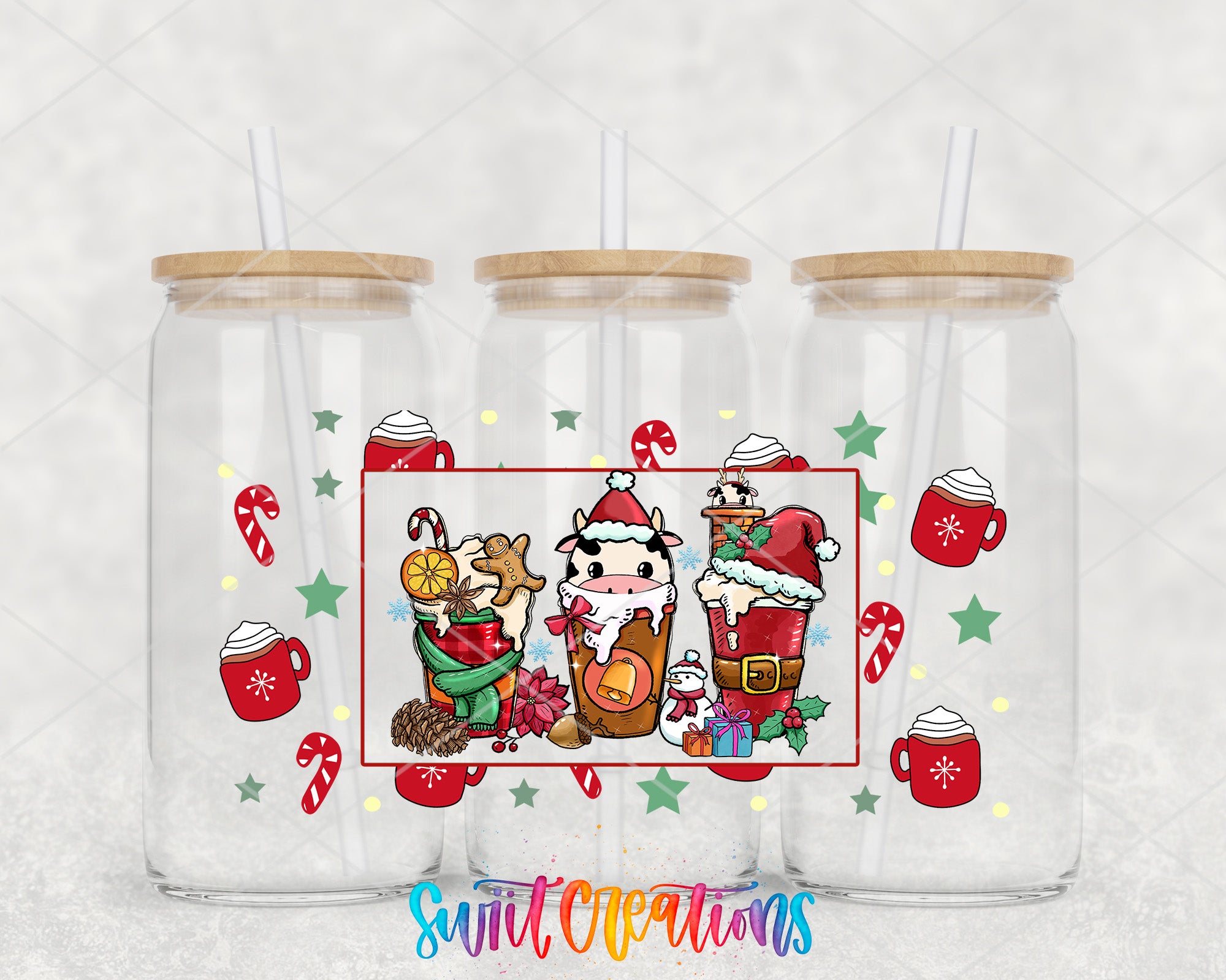 A collage of three glass jars with straws, each containing a festive Christmas-themed design. The jars are decorated with Christmas-themed items such as candy canes, snowflakes, and mugs.