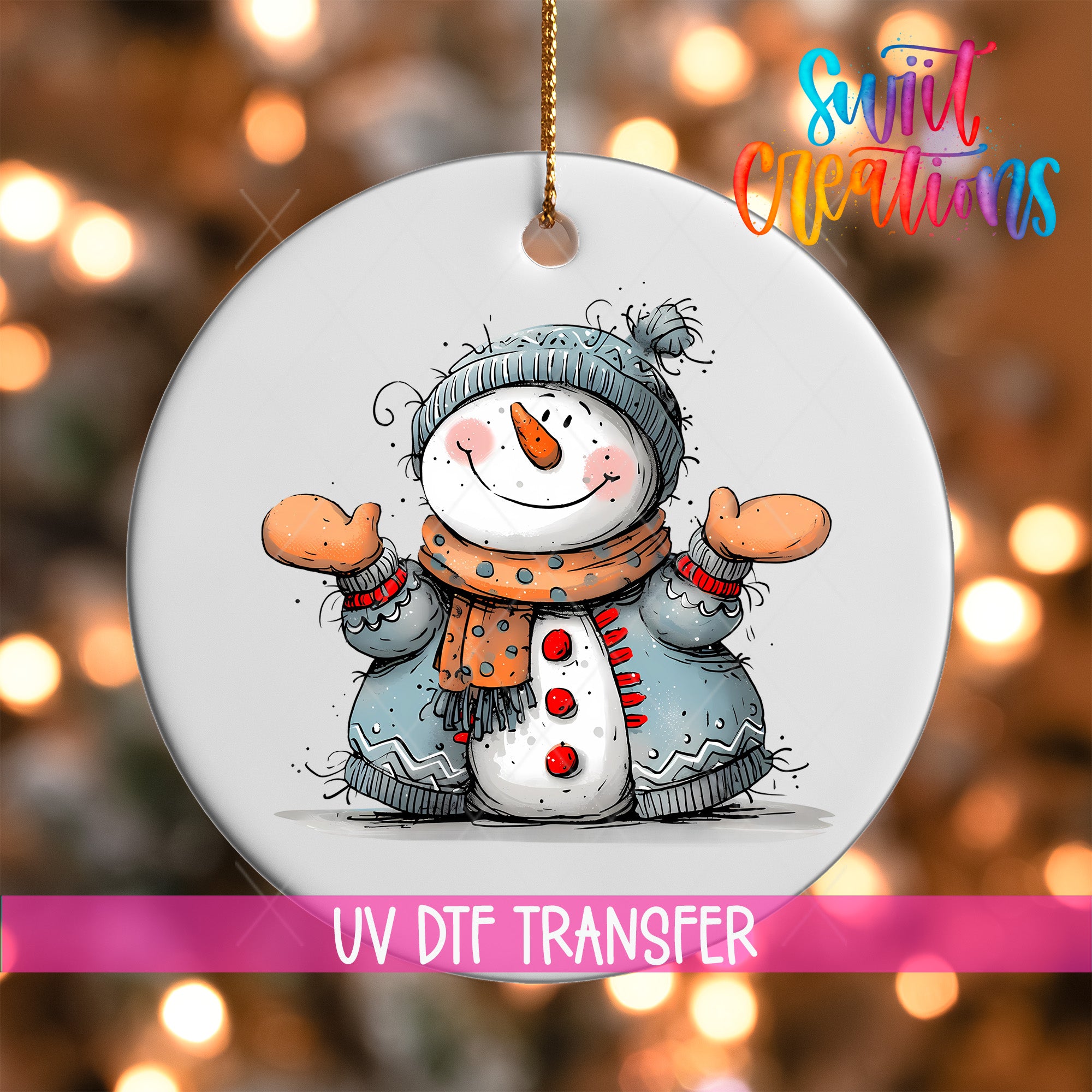 A snowman ornament with a smiling face and colorful winter clothing is hanging against a background of colorful lights.