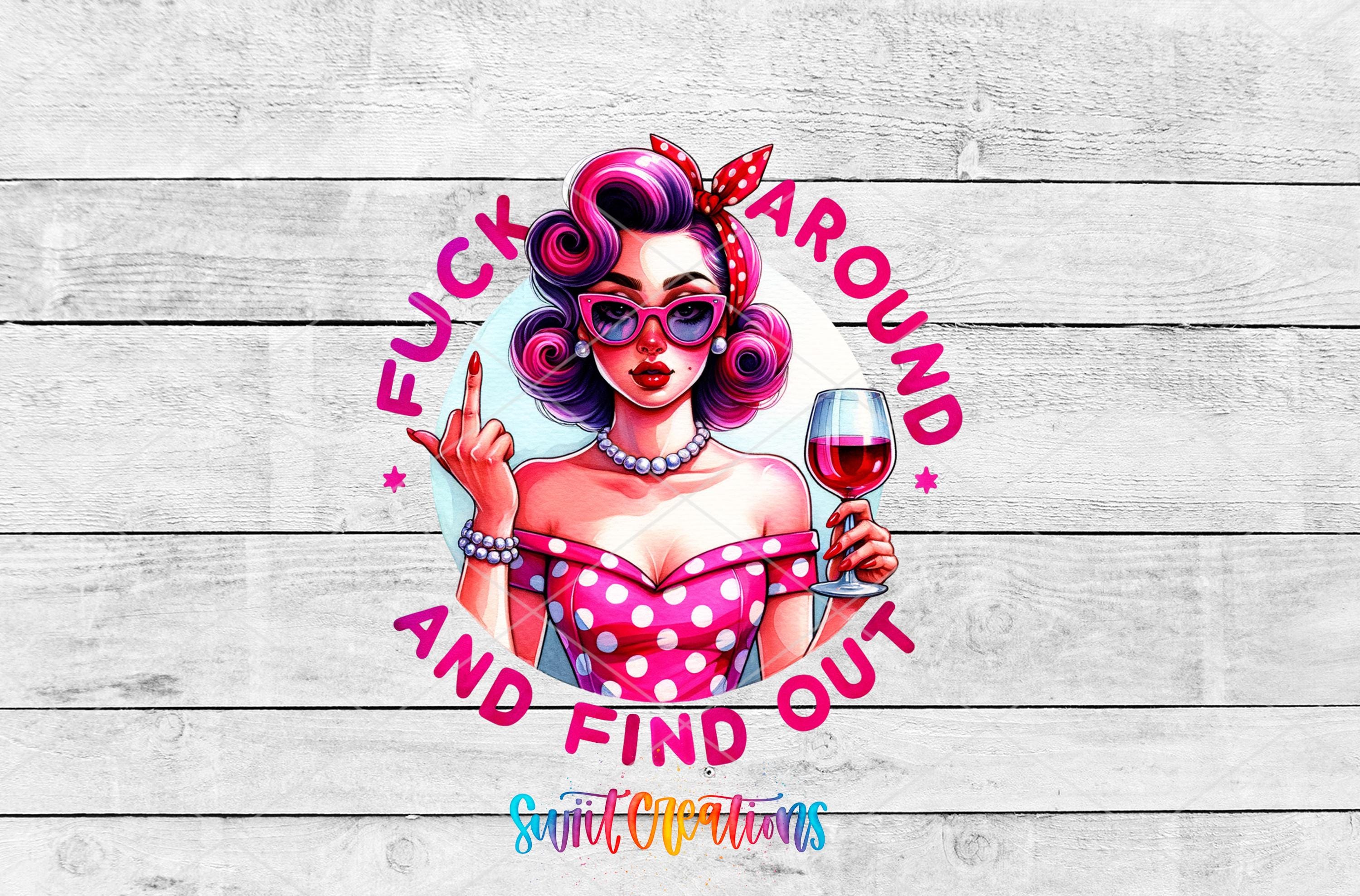 A collage of two images: a woman with curly hair and sunglasses holding a wine glass, and a bold statement in pink text surrounding her.