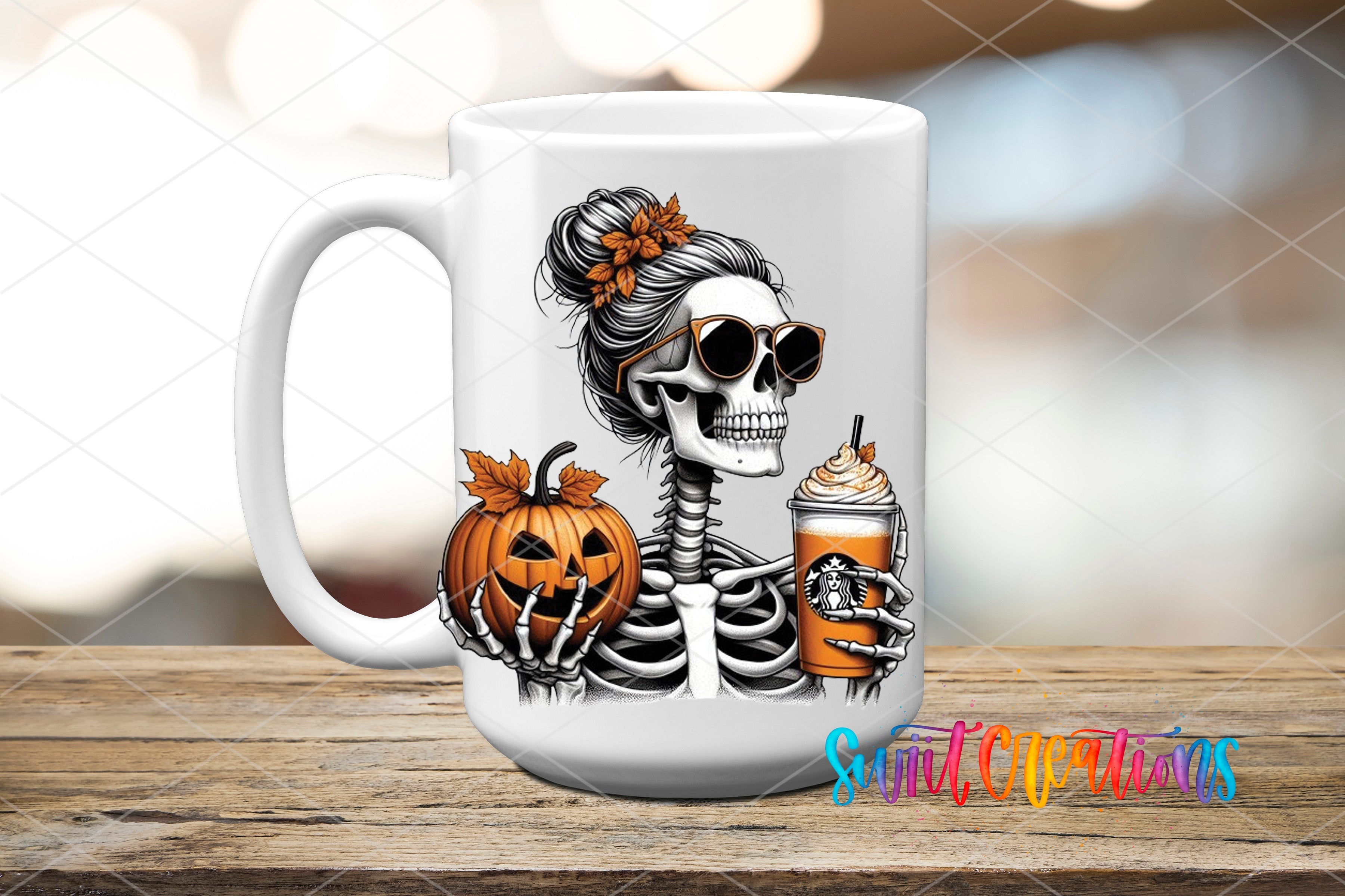 a white coffee mug with a skeleton holding a drink