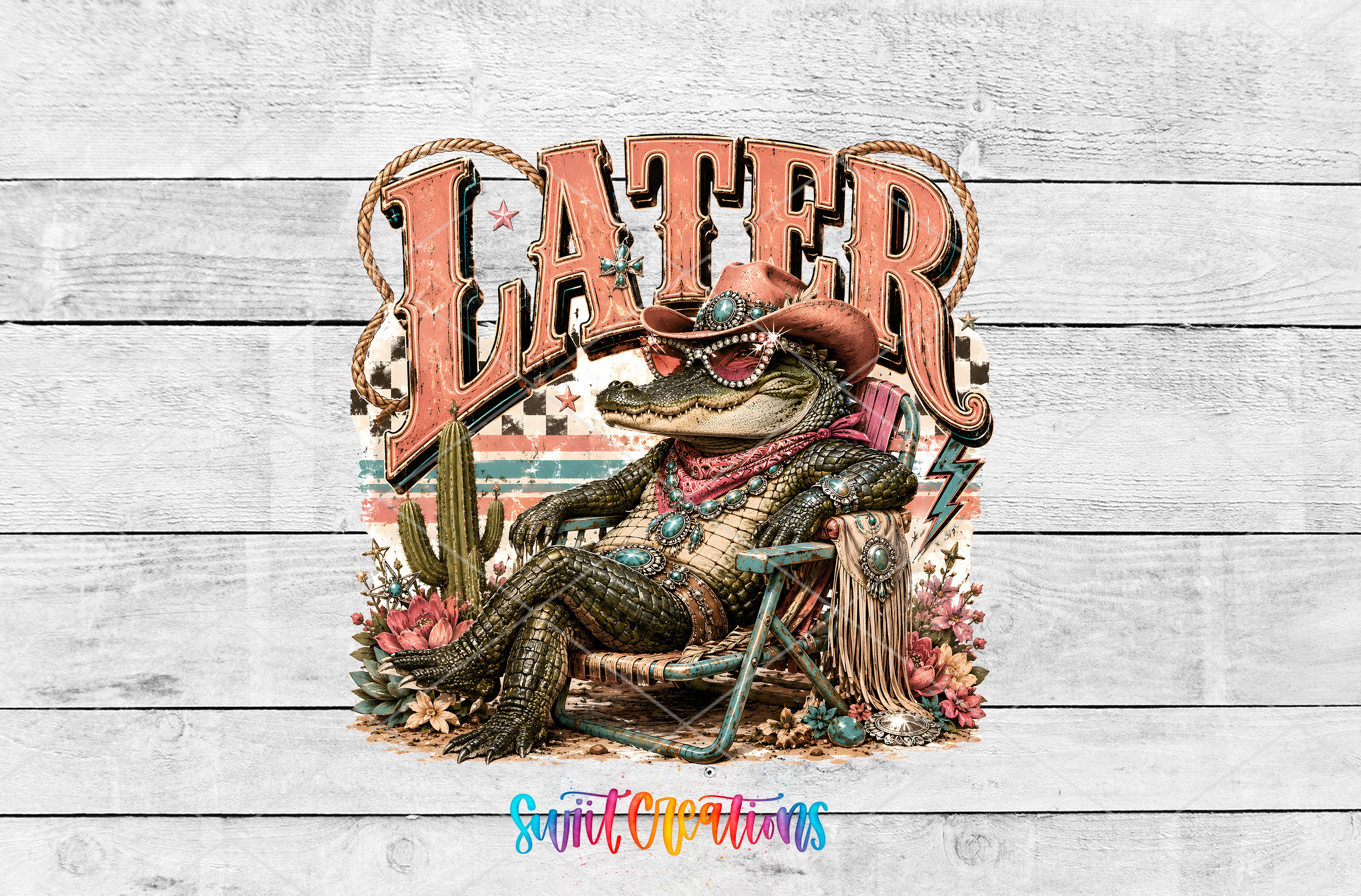 A cartoon alligator wearing a cowboy hat and sitting in a chair, surrounded by various elements such as cacti, flowers, and a wooden background.