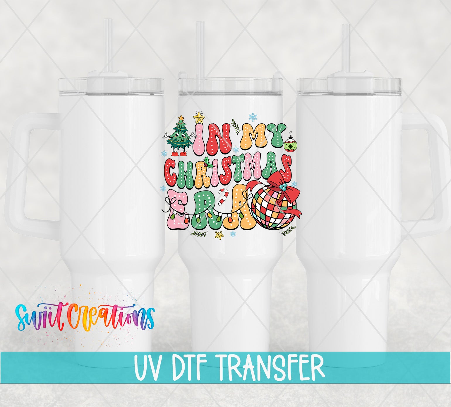 three white tumblers with a colorful Christmas-themed design on the front.