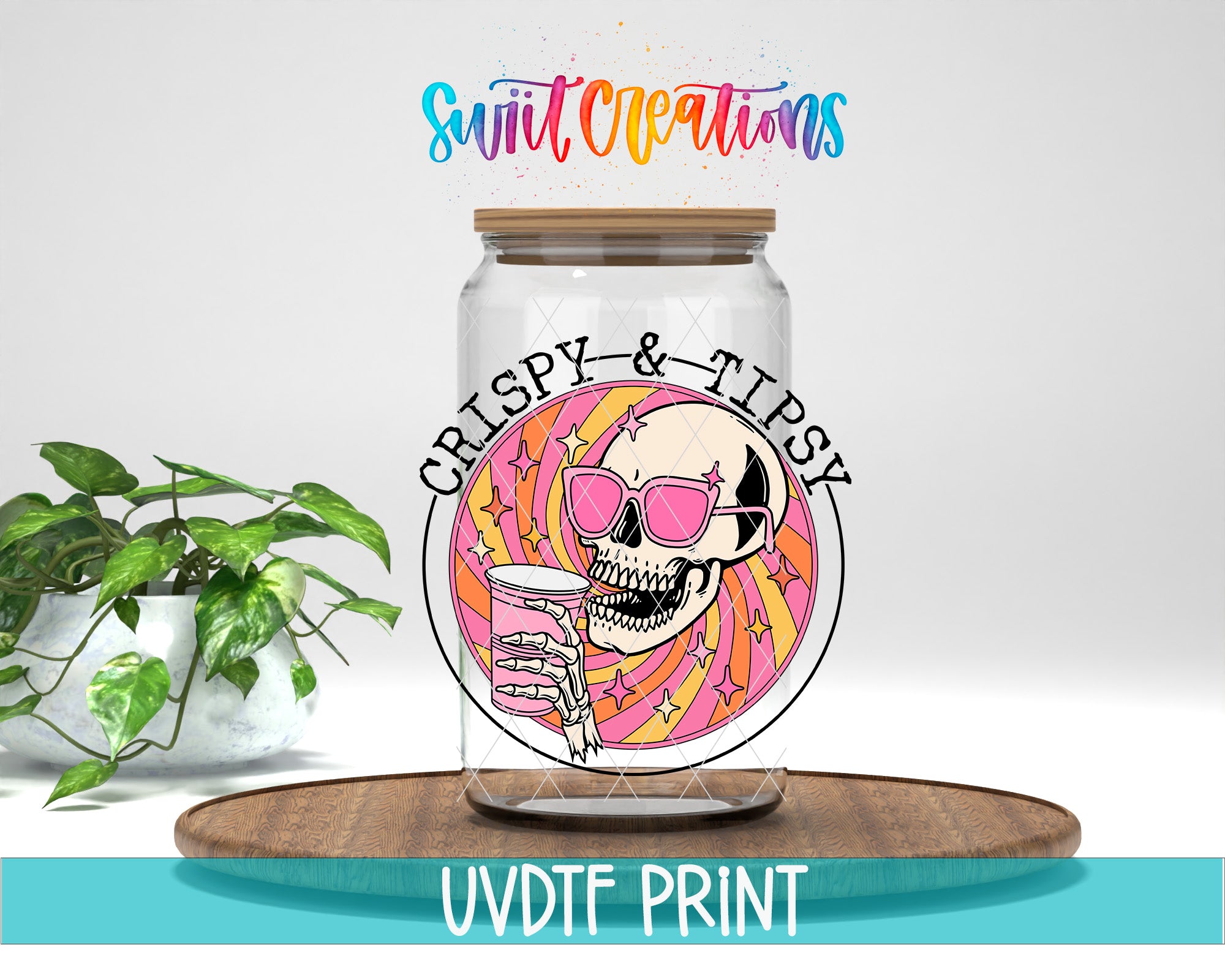 a glass jar with a skull and sunglasses on it