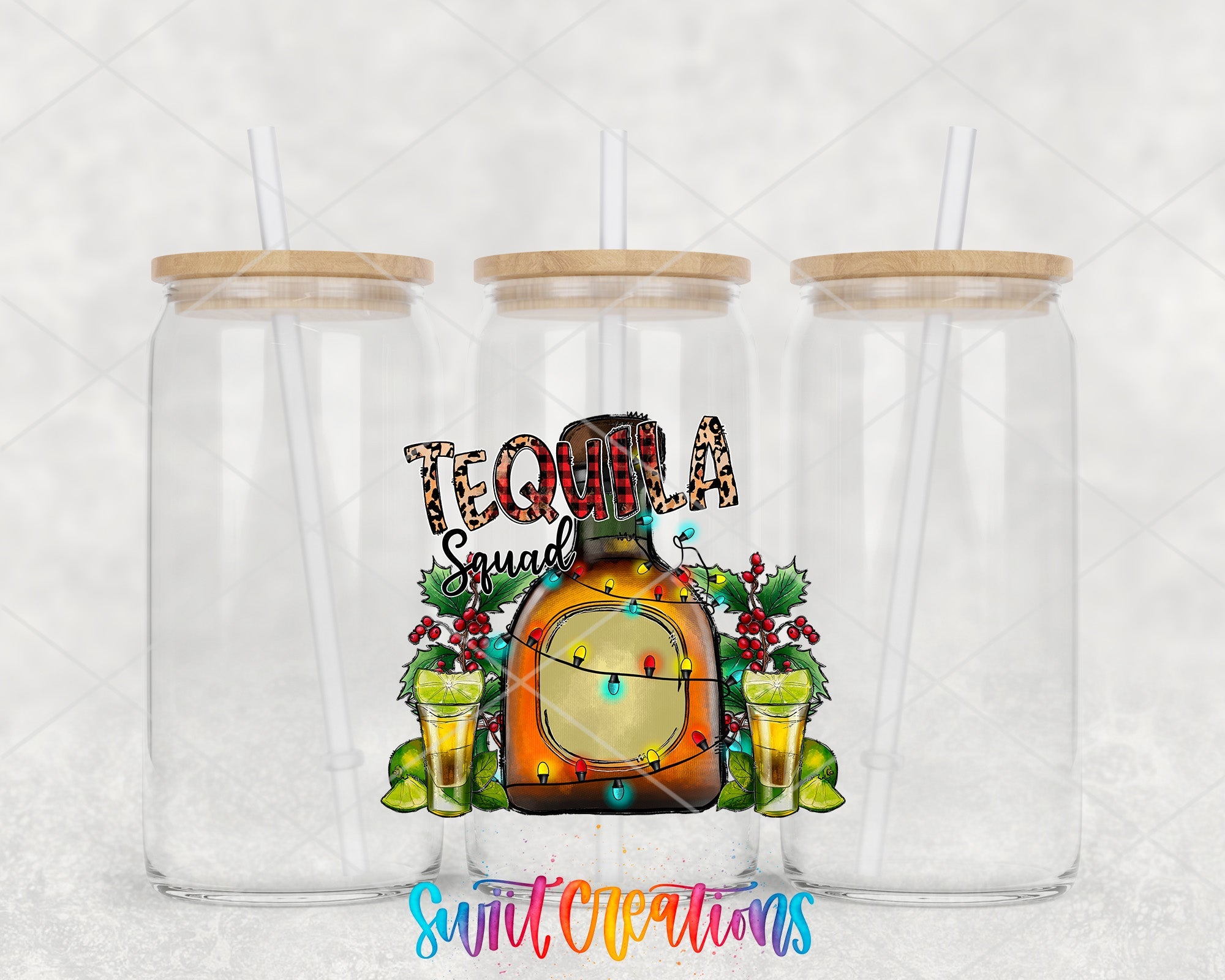 two clear tumblers with the words tequila and a clock