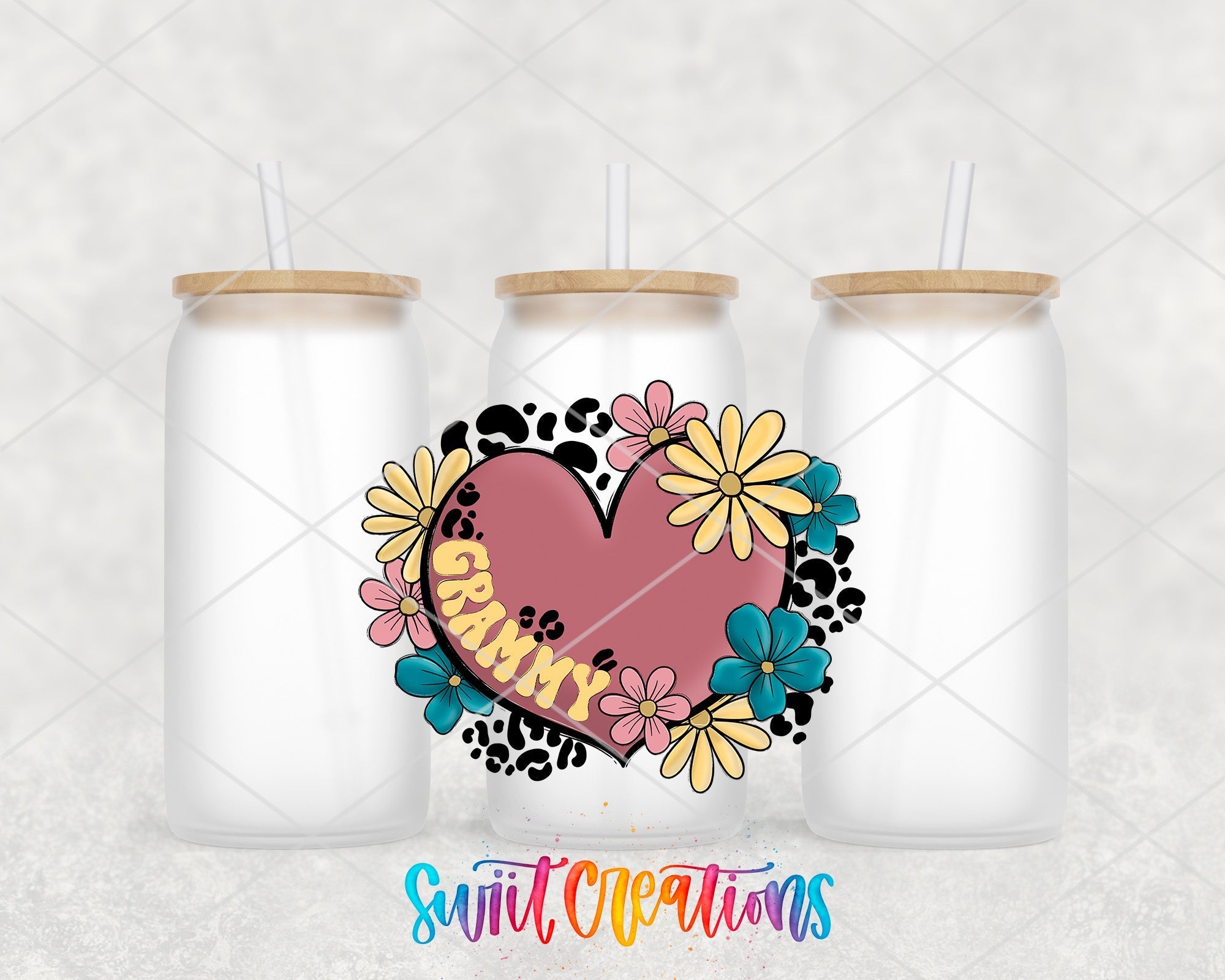 a couple of jars with a heart and flowers on them
