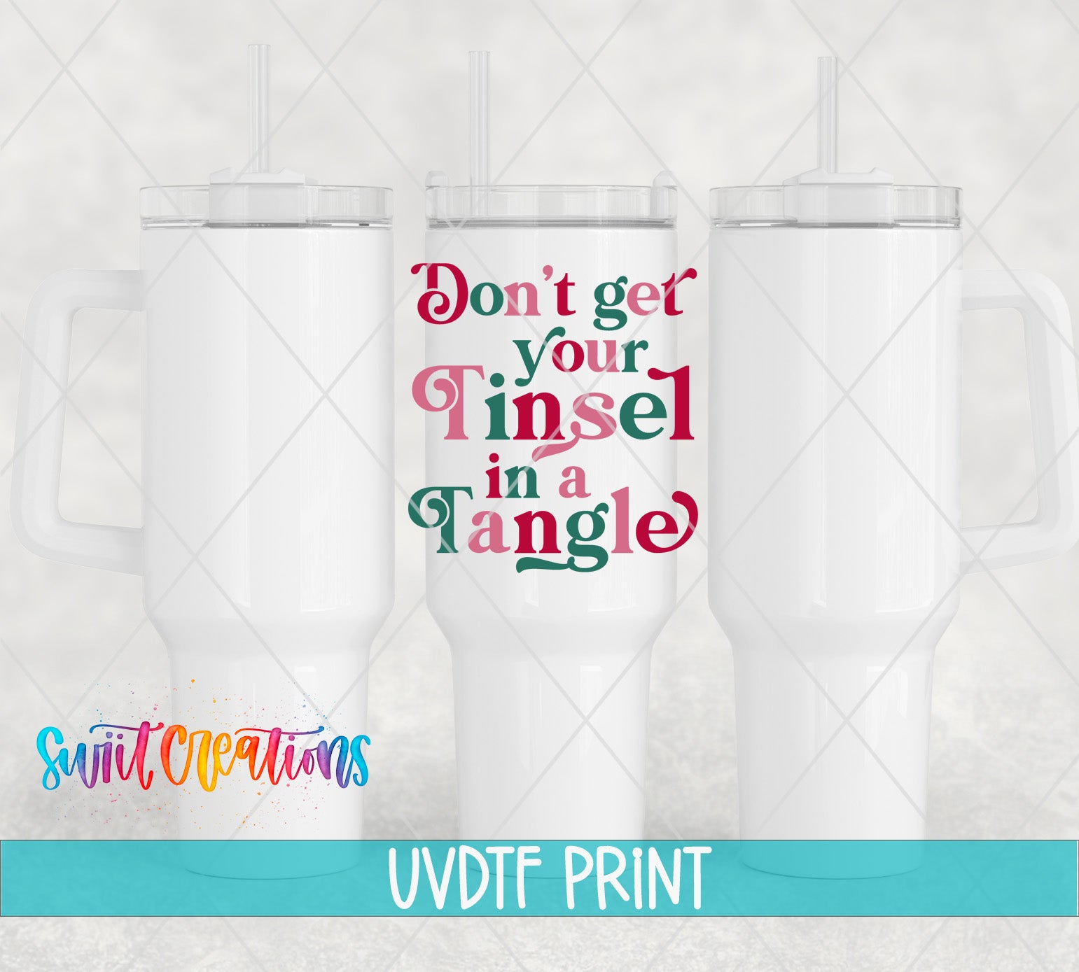 three white tumblers with a colorful text design on them.